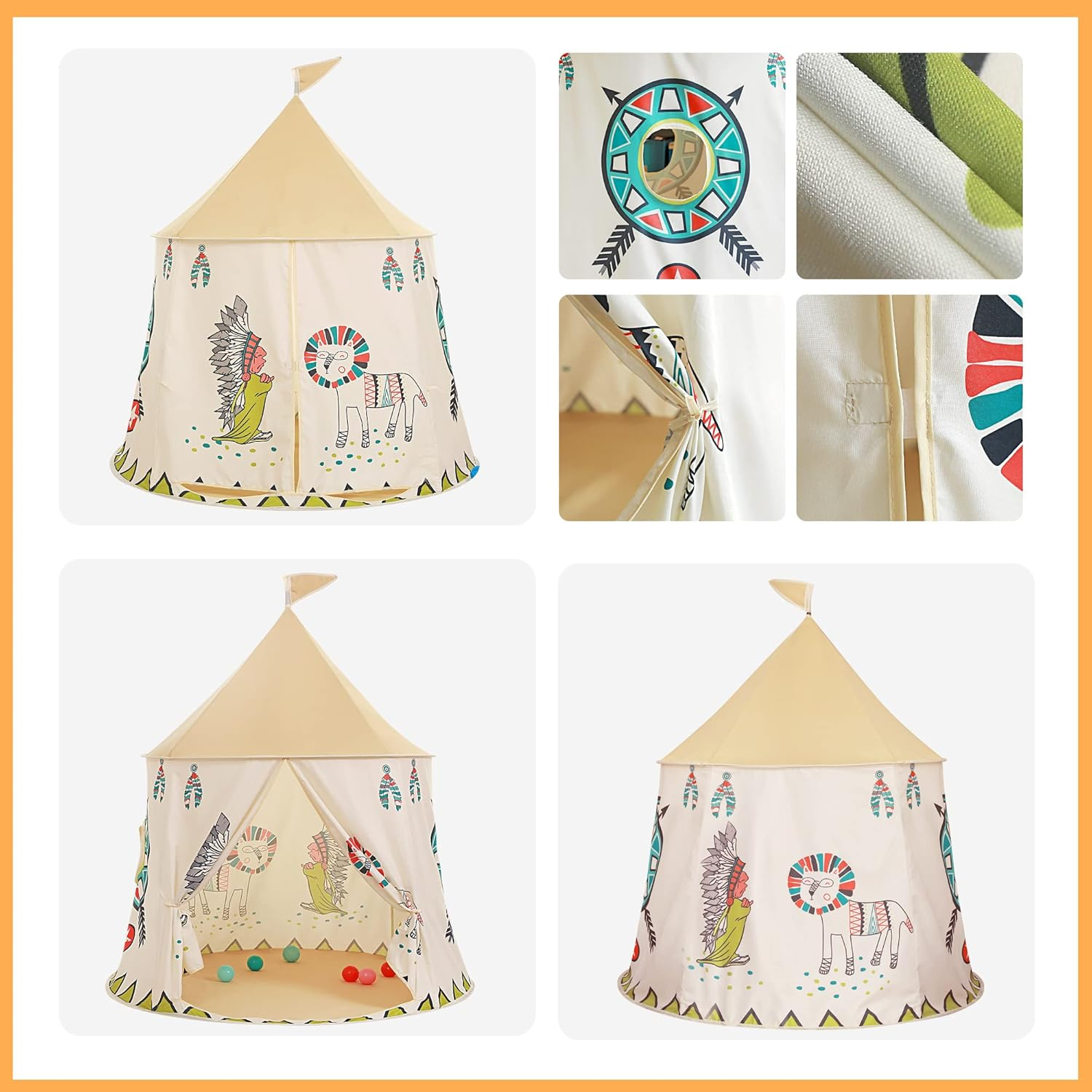 Kids Play Tent Pop-Up Indian Tent Tipi Princess Prince Castle Play Tent EN71 ASTM Certified Indoor Outdoor Portable Playhouse Boys & Girls Birthday Gift image number 5