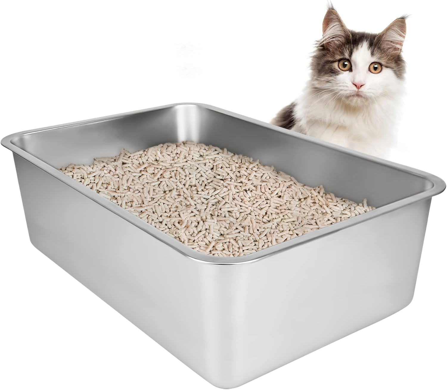 IKITCHEN Stainless Steel Cat Litter Box, Large Metal Litter Pan for Cats, Kitty Litter Box Never Absorbs Odors, Low Side Entry Non Stick, Easy Clean 17.5 X 13.5 X 4 Inches