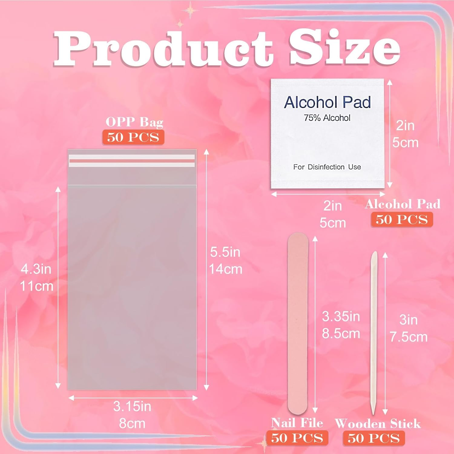50 Set Disposable Press on Nail Tool Kit, Including 50Pcs Nail File, 50Pcs Prep Pad, 50Pcs Wood Stick, 50Pcs OPP Bag, Manicure Nail Prep Kit for Salon Home (50Pcs-A-Pink)