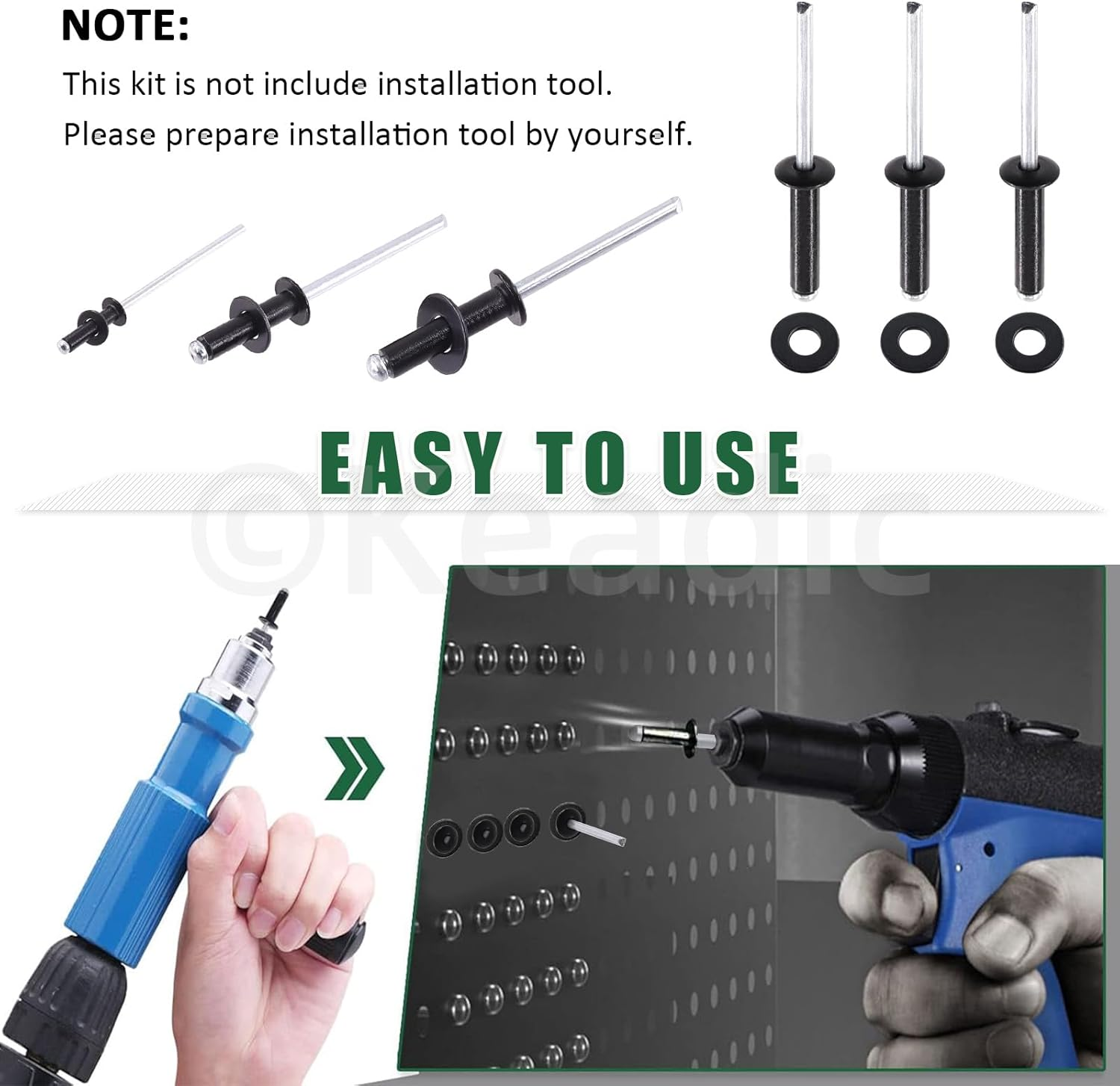 Keadic 560Pcs Pop Rivets Assortment Kit with Backup Washers, M2.4 M3.2 M4 M4.8 8 Sizes Aluminum Blind Rivets for Automotive, Marine, Ships (Black) image number 3