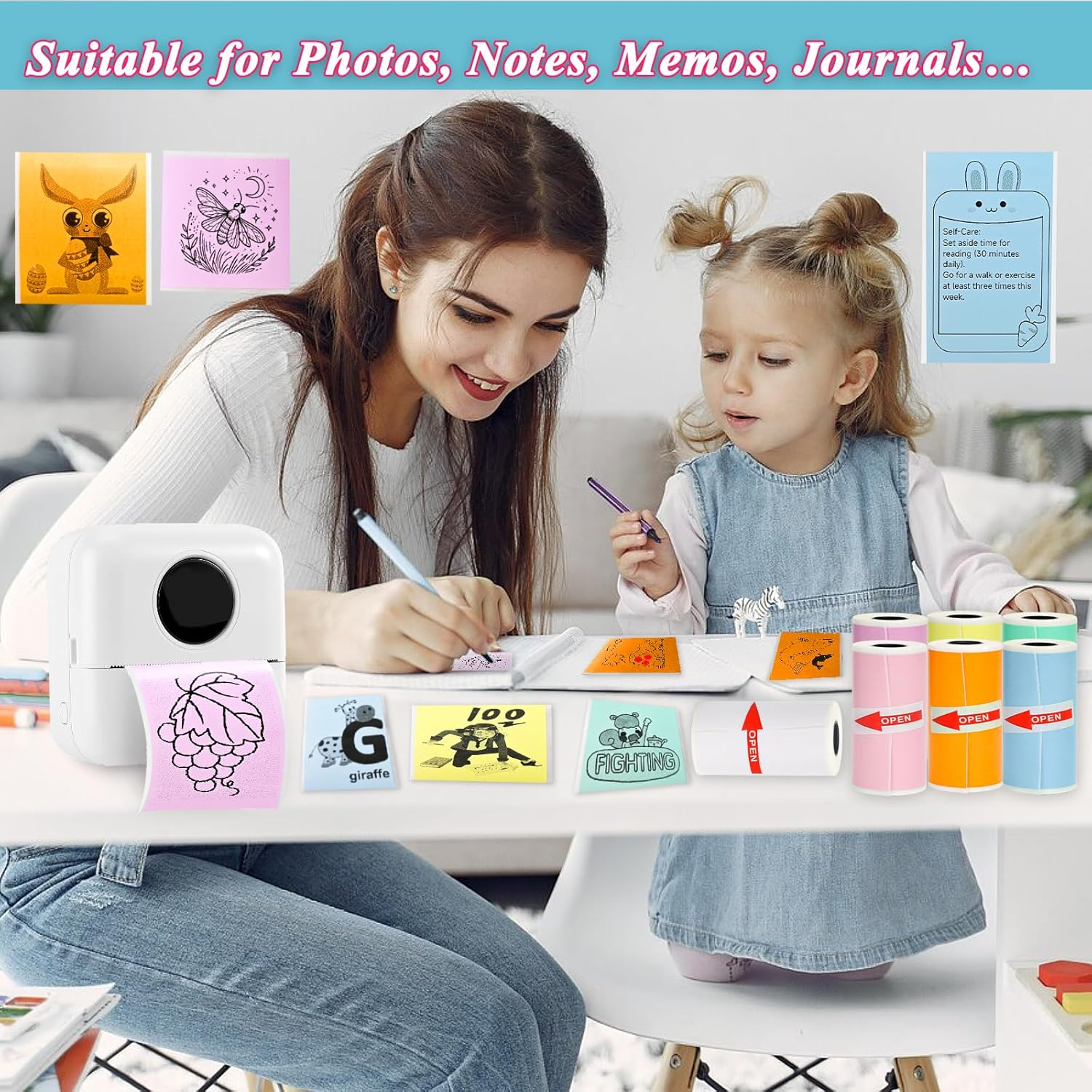 Rifanda 15 Rolls Thermal Sticker Paper 53X28Mm for Phomemo T02/M02/M02S/PRO Mini Printers, 3.75M Mini Colorful Self-Adhesive Mini Printer Paper for Memoking Mini Printer, Study Notes, Journals, Photos image number 5