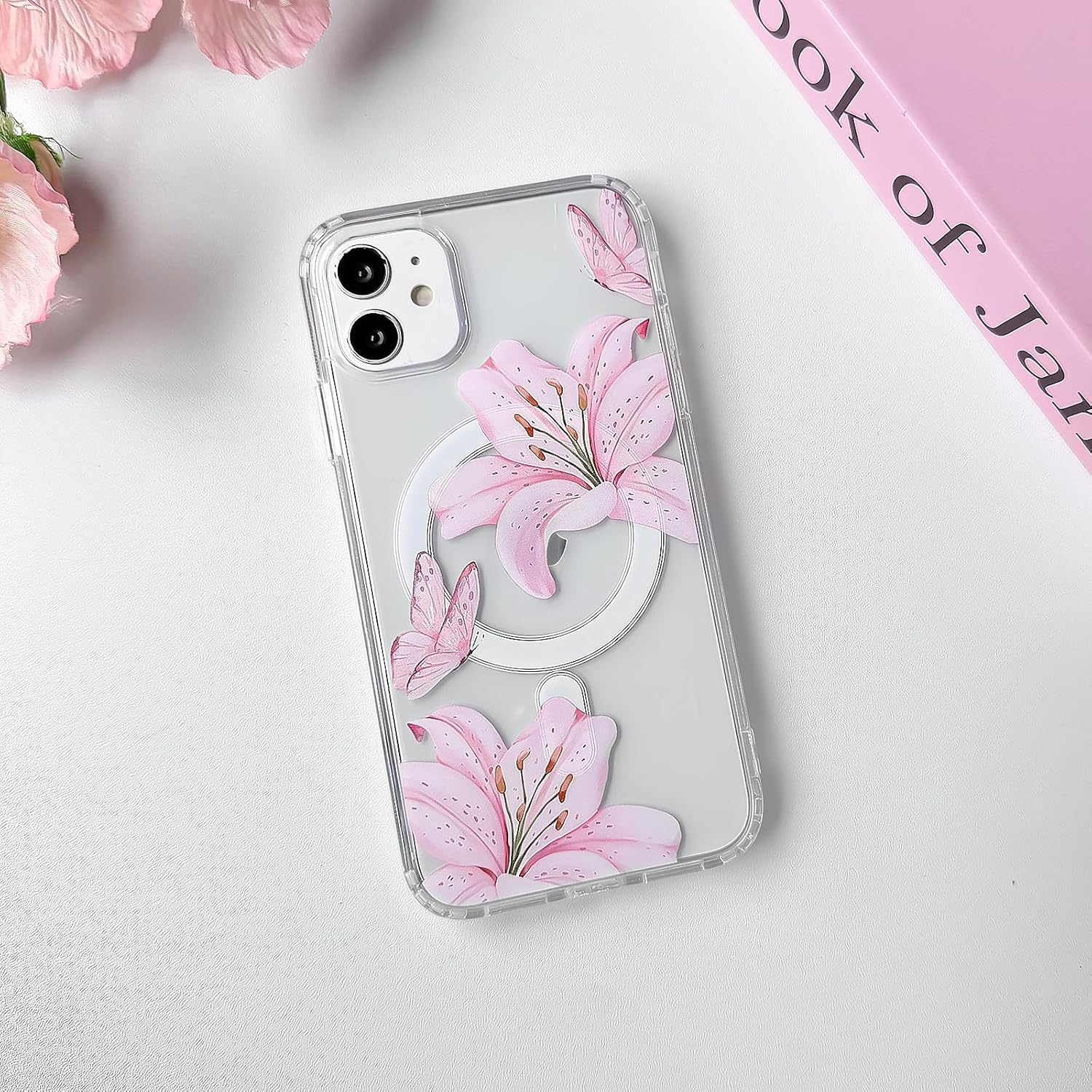 NITITOP Compatible with Iphone 11 Case Clear Magnetic Compatible with Magsafe Cute Lily Flowers Floral for Women Girls Hard PC Back Shockproof Protective Phone Cover - Pink image number 3