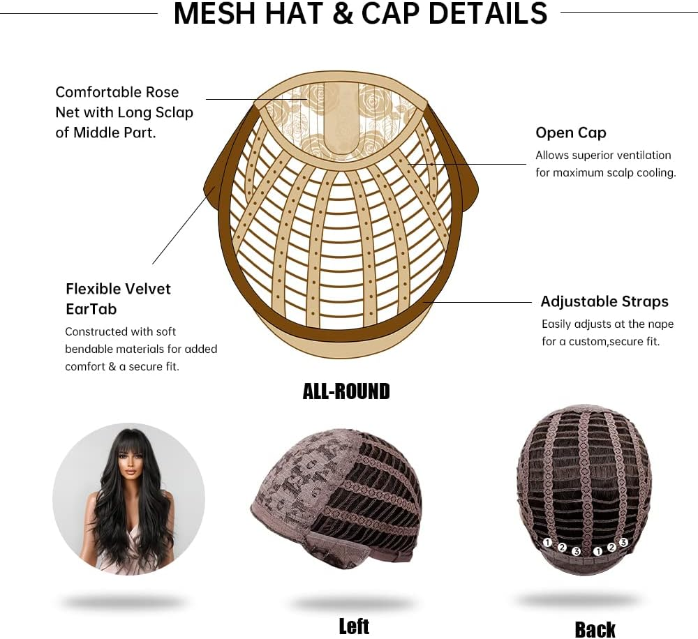 Allebll Women'S Long Wavy Black Wigs with Air Bangs for Women Afro Natural Looking Heat Resistant Synthetic Hair image number 5