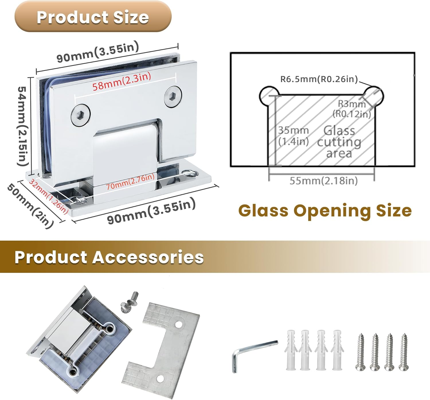 Alise Glass Shower Door Hinges,90 Degree Shower Door Hinges for Bathroom Doors,Heavy Duty Stainless Steel Wall to Glass Frameless Shower Doors Hardware Replacement Part,Polished Chrome (1P) - Polished Chrome image number 2