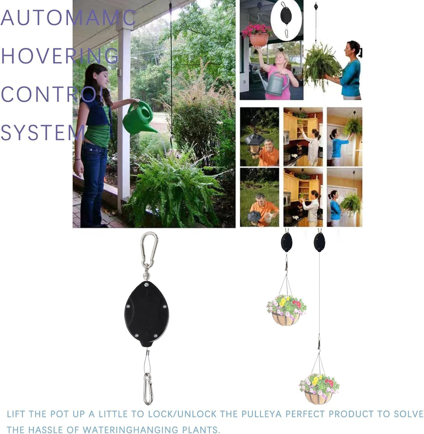 2PC (Black)Heavy Duty Retractable Hangers, Adjustable Climbing Hook for Garden Baskets Watering, or Bird Feeders,Stainless Steel Rope, Plant Pulleys for Hanging Plants, Auto Plant Holder,Plant Hanger image number 3