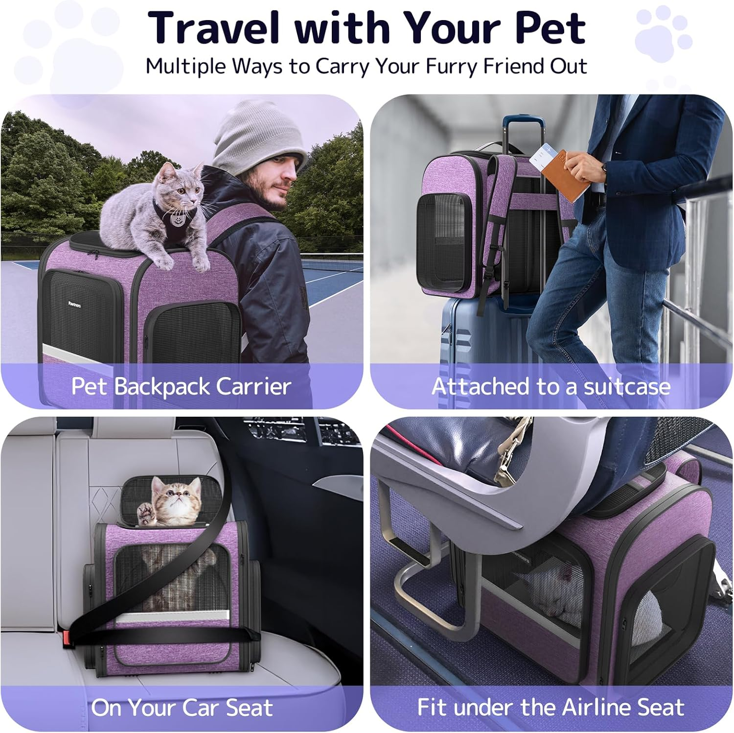 Pawtners Cat Carrier Backpacks Expandable Cat Backpack with Breathable Mesh, Pet Carrier Backpack for Cats Small Dogs Puppies up to 18 Lbs, Dog Carrier Backpack for Travel Hiking Camping Outdoor - Purple image number 4