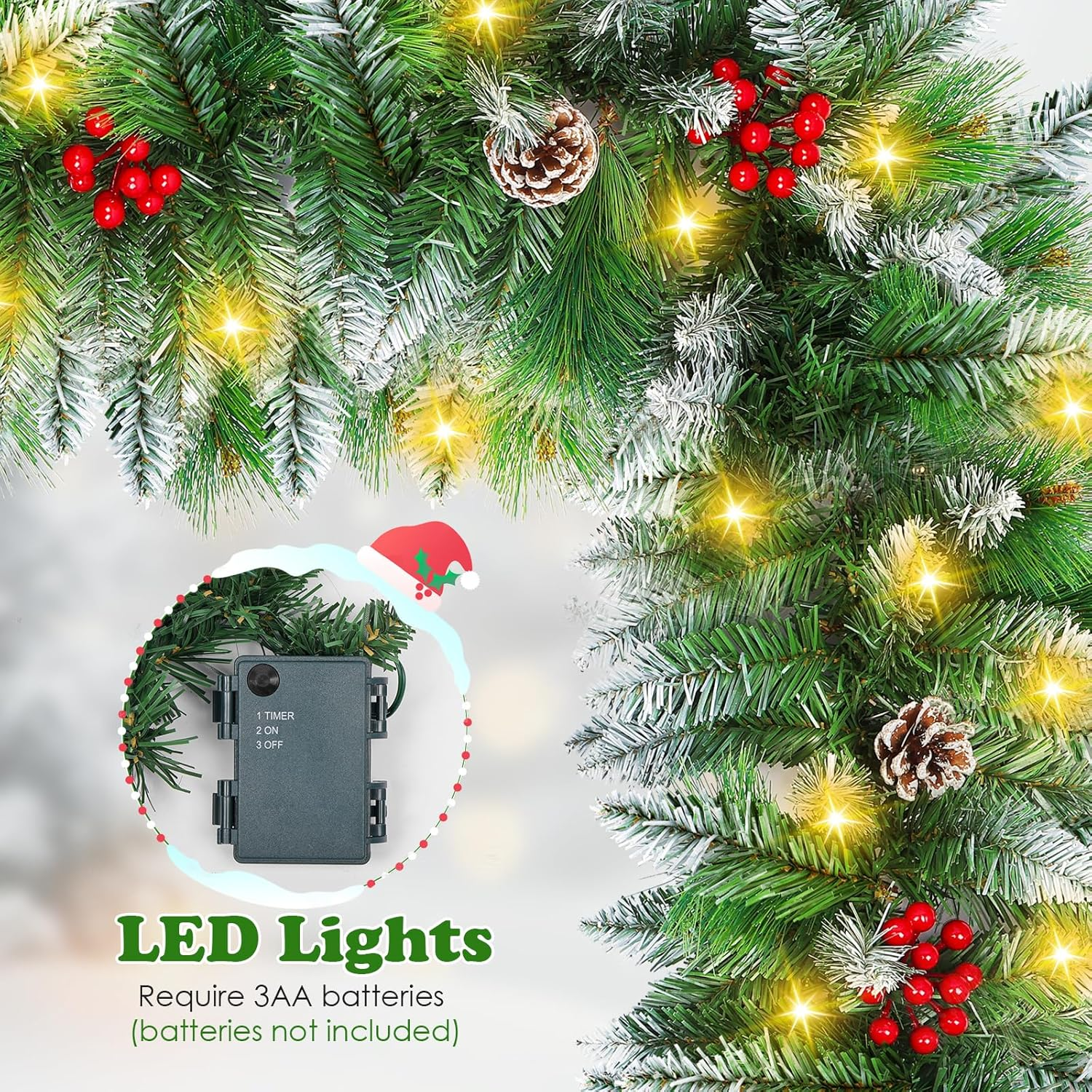 Christmas Garland, 270CM Valentine'S Day Wreaths with Battery Operated LED Lights Artificial Flower Vine for Front Door Home Stairs Fireplace Xmas Tree Indoor Outdoor Christmas Decor image number 4