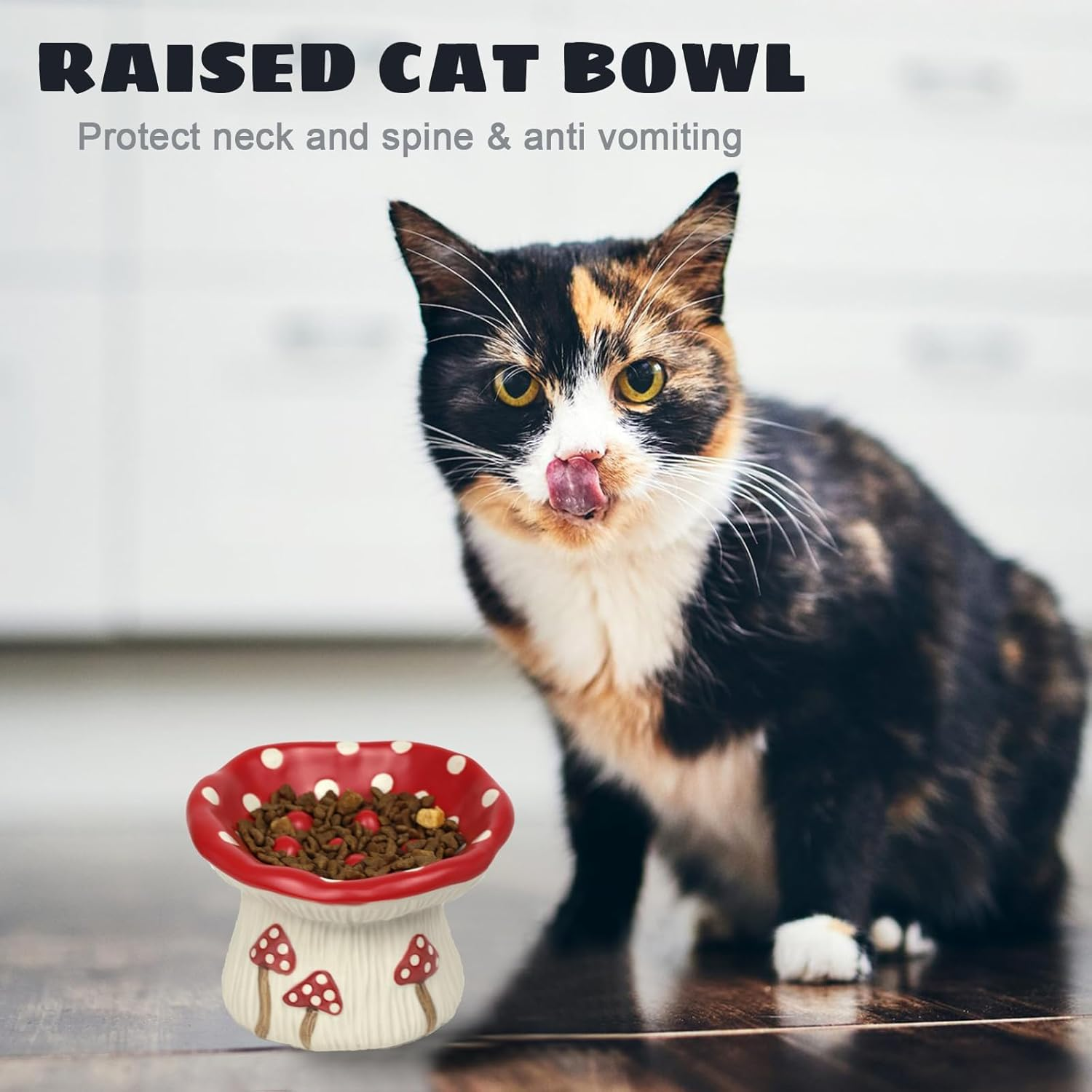 Ceramic Cat Slow Feeder, Cute Mushroom Shape Elevated Food Bowl, Shallow Raised Cat Dish, anti Vomiting Whisker Fatigue Bowls image number 4