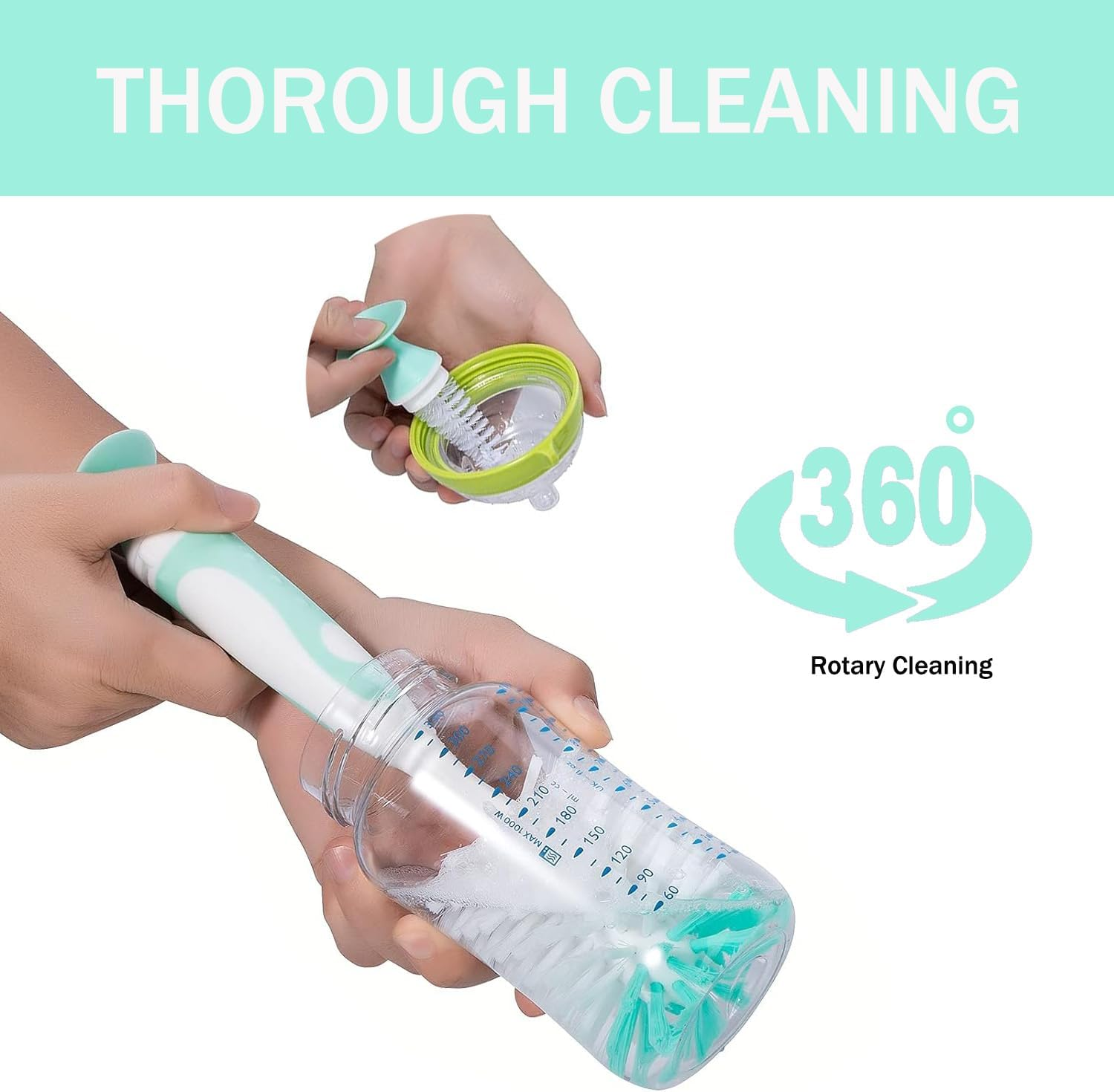Baby Bottle Cleaner 4 in 1, Bottle Brush Set, with 1P Nylon Bottle Brush, 1P Bottle Cap Brushes, 2P Straw Brushes, Bottle Brush with Nipple Cleaner and Suction Cup, Bpa-Free(Green) image number 2
