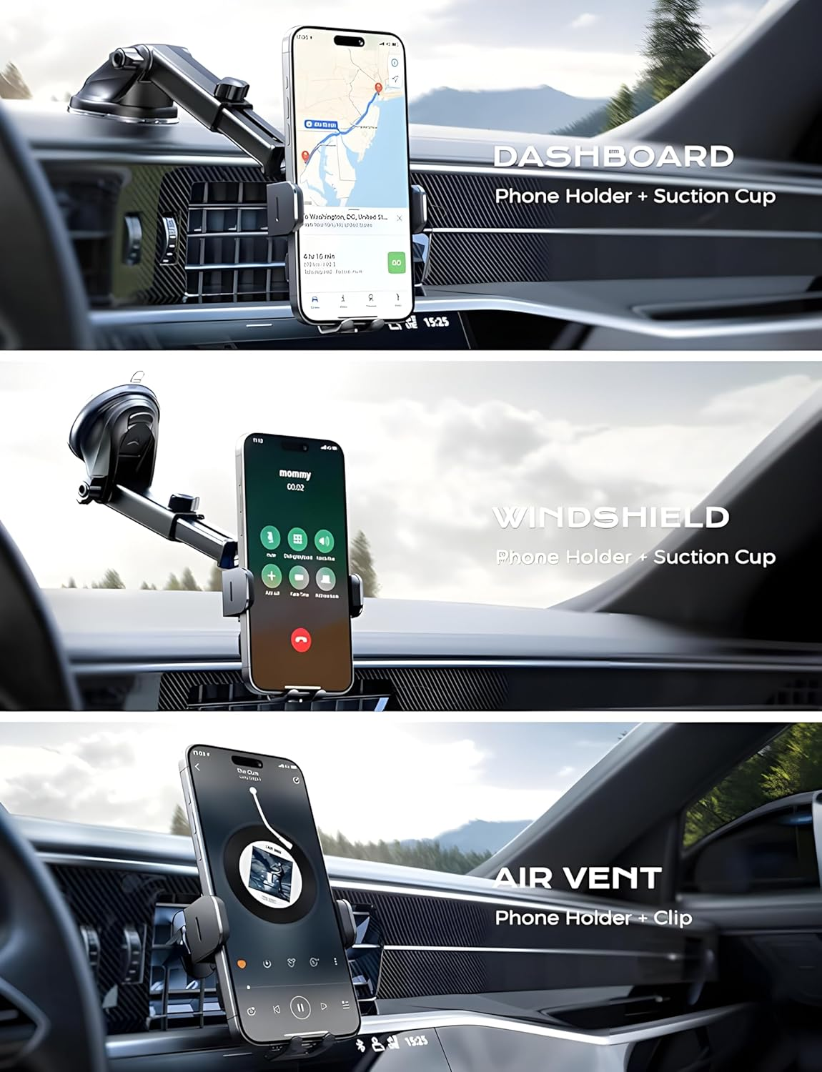 Automatic Clamping Car Holder Compatible for Fast Phone Wireless Charging (Air Vent, Dash Board & Windscreen) Strong Mounting 15 Watt with 360 Degree Rotation