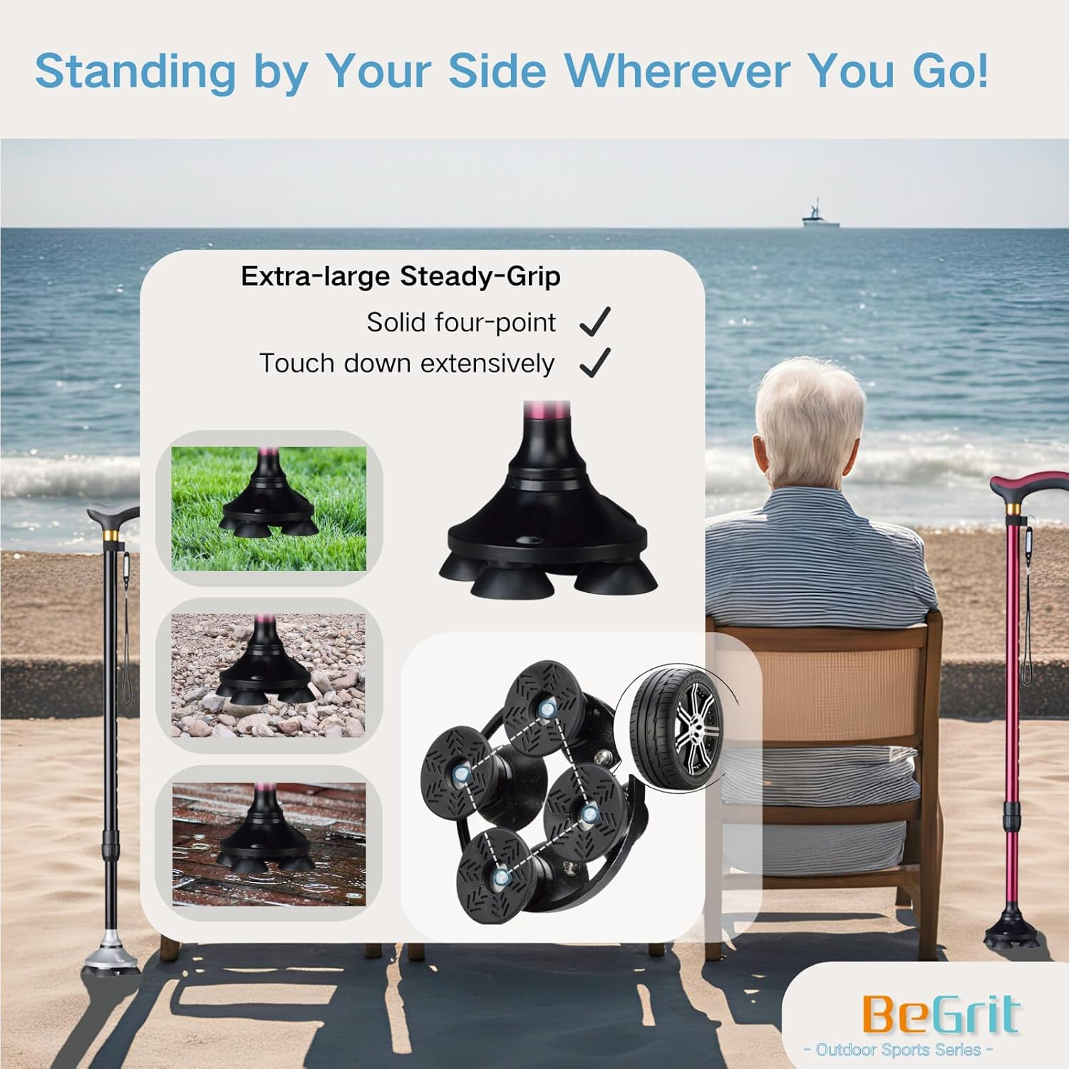 Begrit Walking Cane Black Walking Sticks- Adjustable Height for Seniors and Adults, Enhanced Stability and Support 142～188Cm - Black image number 6