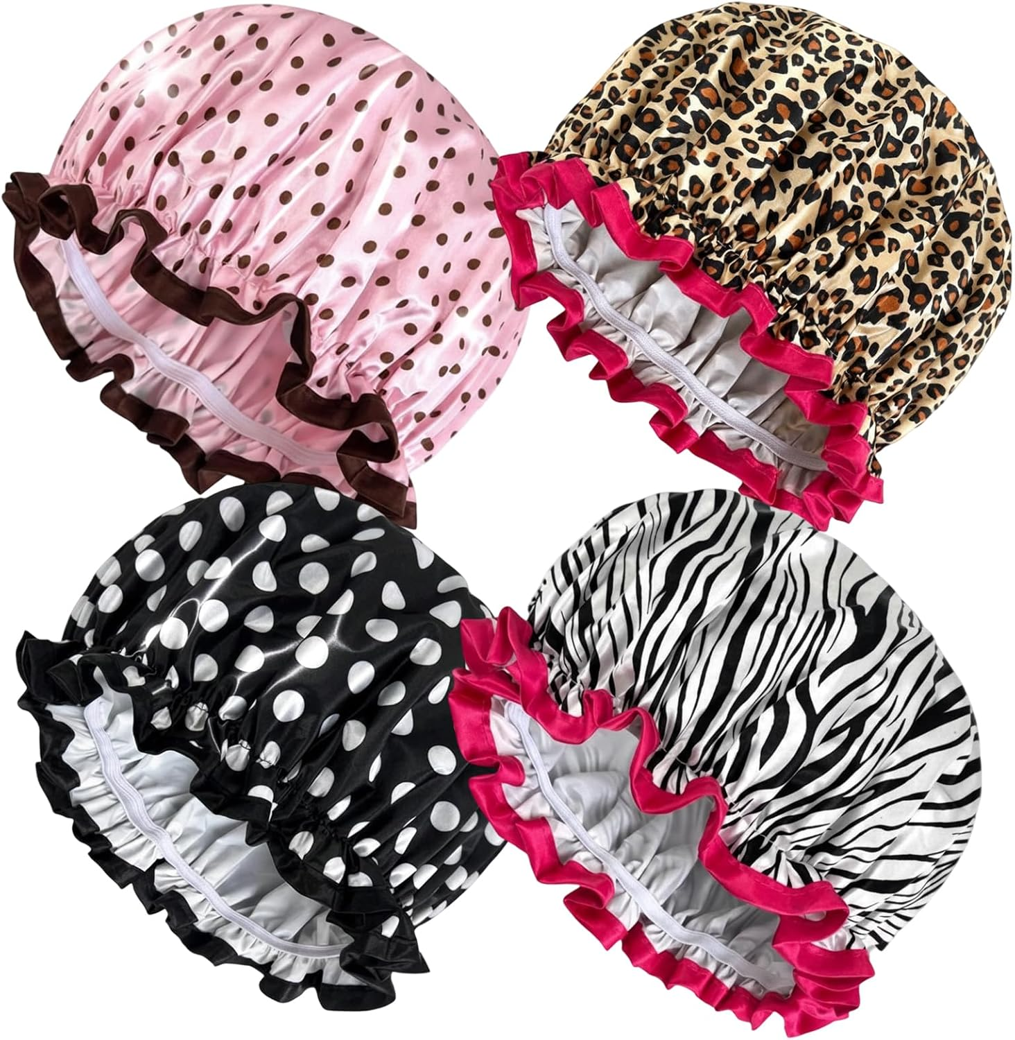 Shower Cap, 4 Pack Double Layer Shower Caps for Women, Leopard Print/Zebra/Pink Polka Dots/Black Polka Dots, Waterproof Bathing Hat for Showering, Spa, Travel and Home Use image number 6