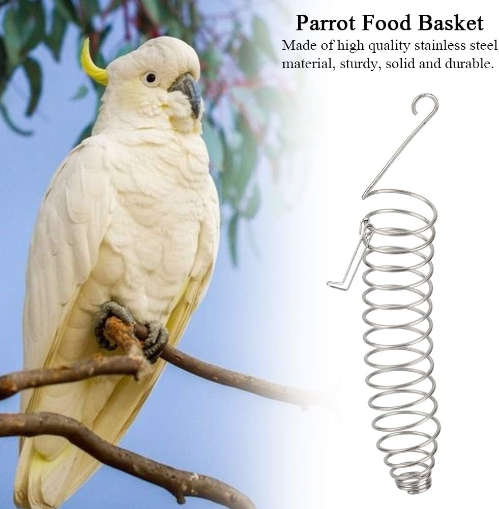 Bird Spiral Feeder, Portable Hanging Stainless Steel Parrot Food Basket Fruit Vegetable Millet Holder Container Climb Play Toy