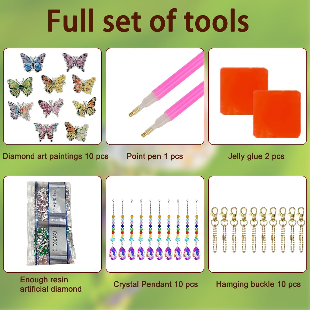 10 Set Butterfly Diamond Art Painting Wind Chimes, Finegood 5D Diamond Art Crystal Suncatcher Kits Double Sided Hanging Sun Catchers for Windows Garden Home Decor image number 2