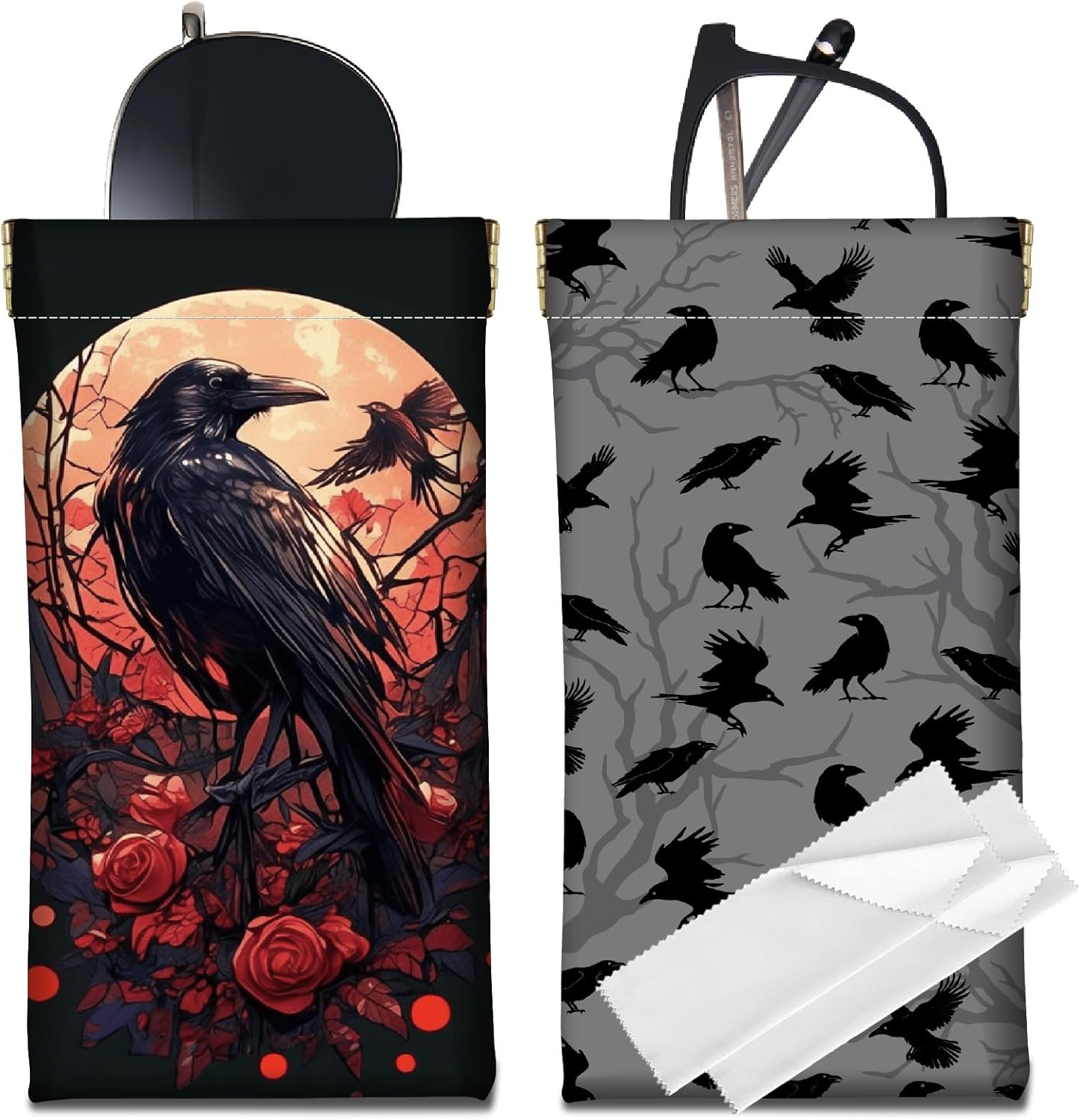 CREATCABIN 2Pcs 2 Styles Floral Eyeglasses Case Portable Sunglasses Pouch PU Leather Soft Waterproof Slim Squeeze Flower Glasses Goggles Holder Bag with 2Pcs Cloths for Travel Women Men 7.1 X 3.5 image number 1