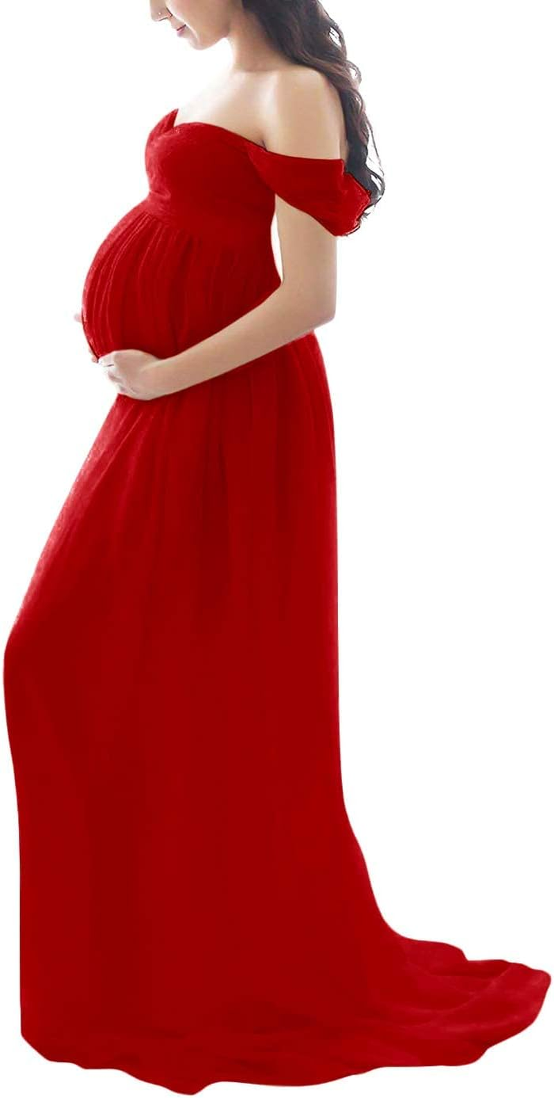 MYKAGS Maternity Dress for Photography off Shoulder Chiffon Gown Split Front Maxi Pregnancy Dresses (Red) image number 2