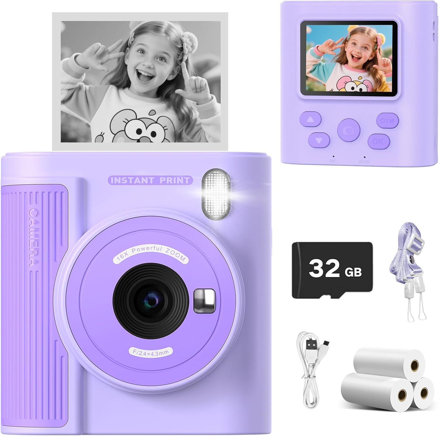 Mgaolo Kids Camera with Instant Print, Thermal Printing Digital Camera Toy for 3-12 Years Old Children, Safe Ink-Free Design, Present for Creativity & Learning (Purple) - Black image number 7
