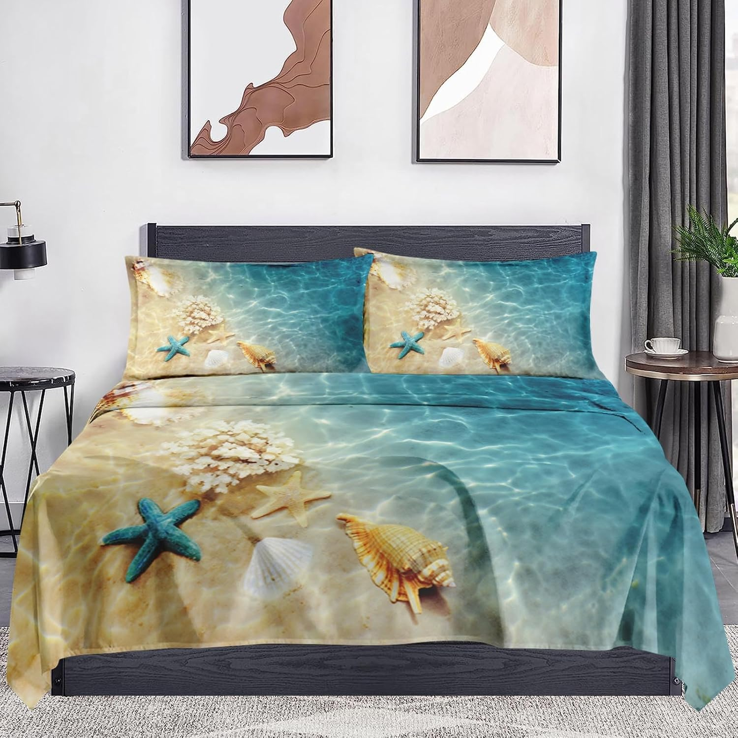 Wecozy Full Size 4 Pcs Bed Fitted Sheet Set with 14" Deep Pocket, Summer Seashell Beach Flat Sheet Set for Kids and Adults, Blue Sea Shell Animal Bedding with 2 Pillowcases for Bedroom Decor image number 6
