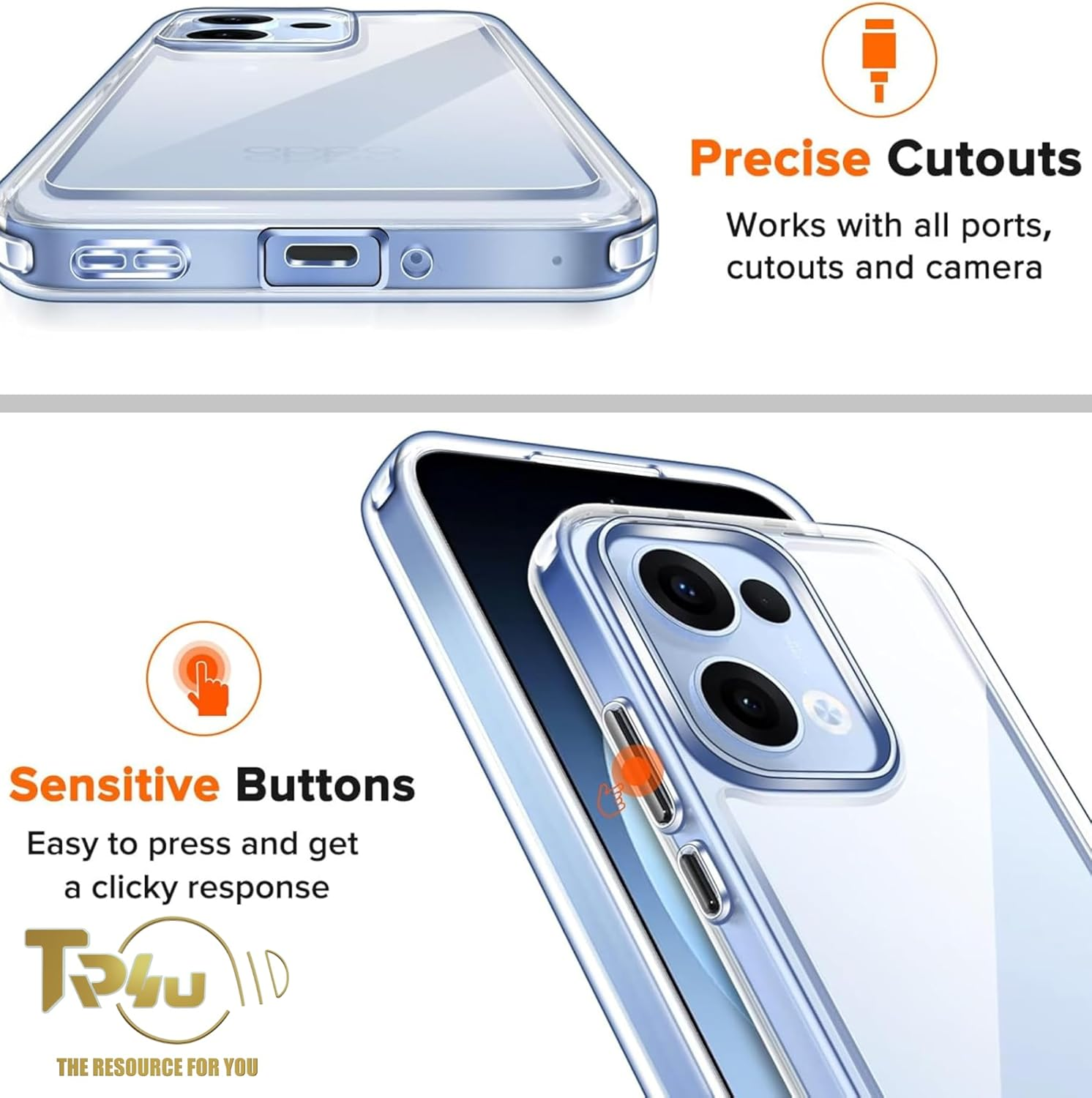 TR4U the Resource for You 3 in 1 Clear Case with 2-Pack Screen Protector for Oppo Reno 13, [Anti-Yellowing][Shockpoof][Military Grade Protection][Non-Slip Slim Fit] Clear Case for Oppo 13 (2025) image number 3