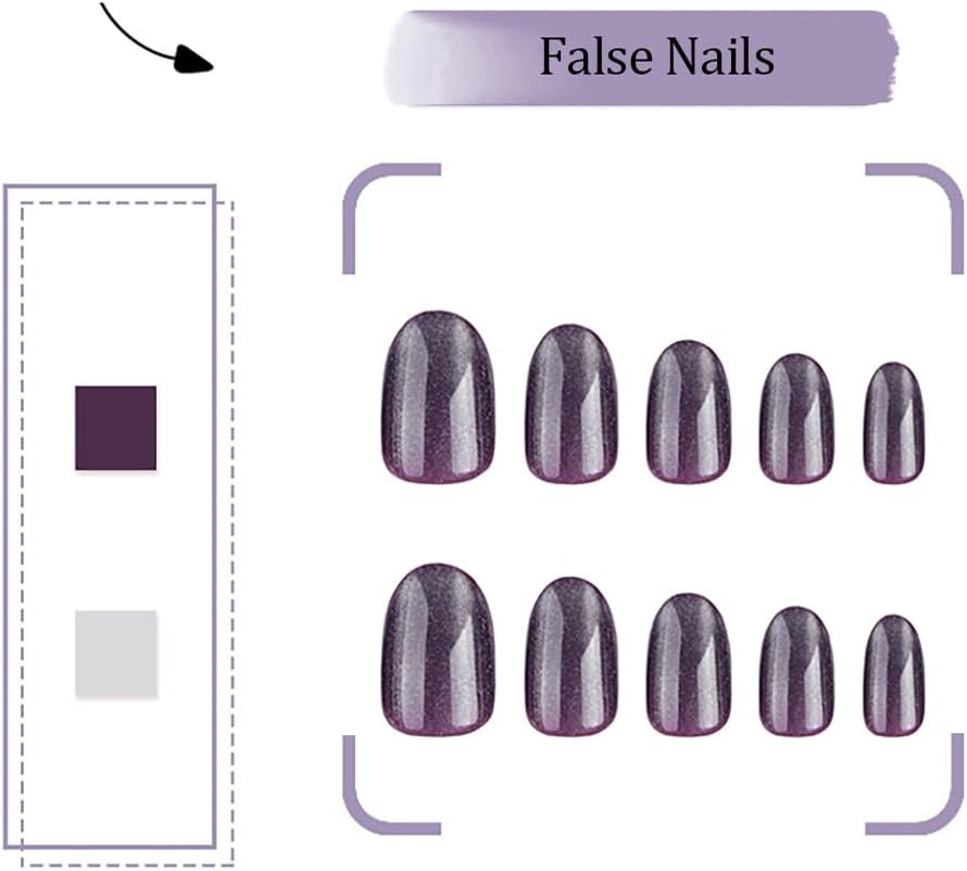 Cat Eyes Press on Nails,24 PCS Purple Glitter False Nails Glossy Short Fake Nails Full Cover Stick on Nails with Designs for Women and Girls Daily Decoration image number 2