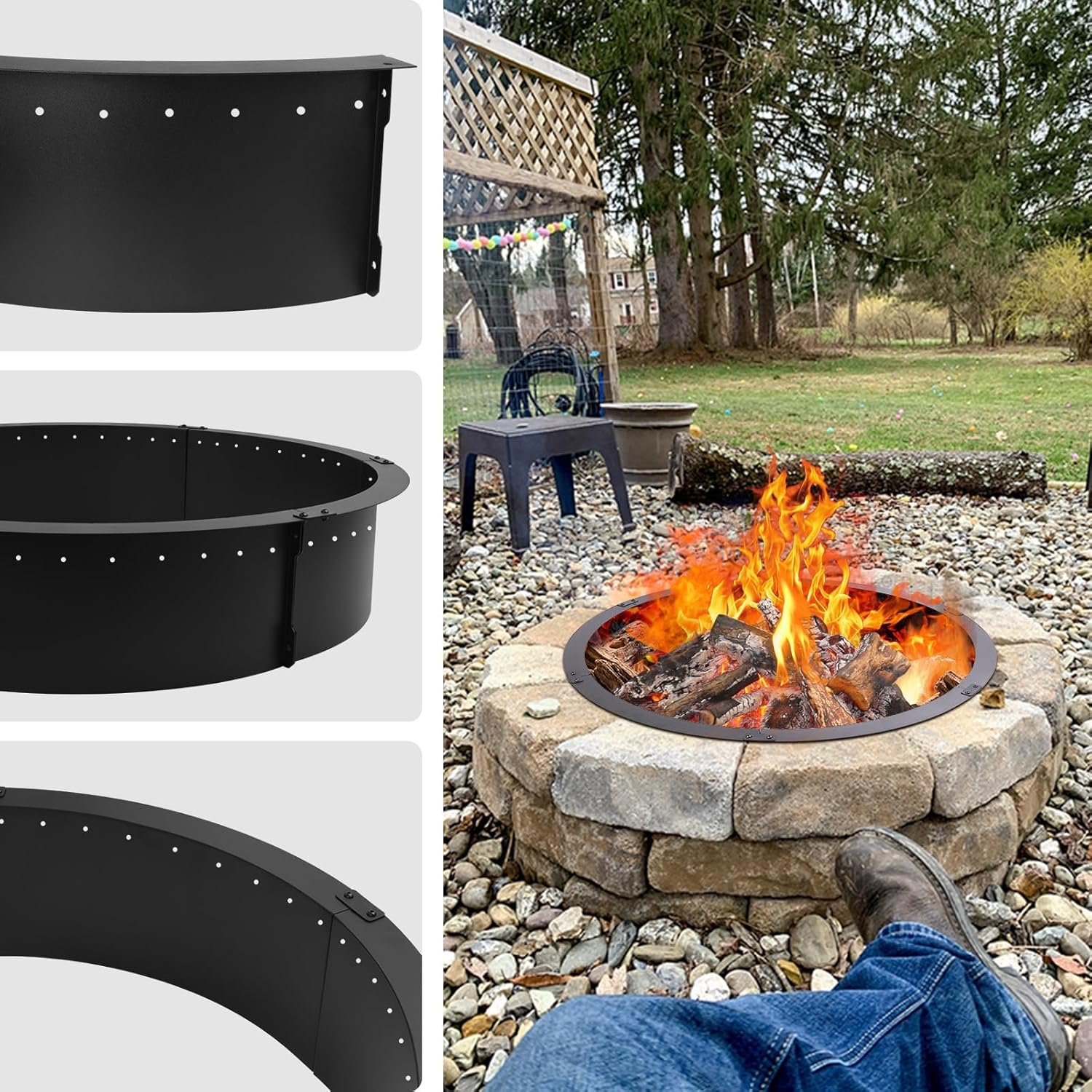 40 Inch Fire Pit Ring,Large round Insert Firepit for Outdoor Fire Liner Wood Burning Heavy Duty Metal Campfire Ring above or In-Ground, Black 40-Inch Outer/36-Inch Inner Diameter image number 4