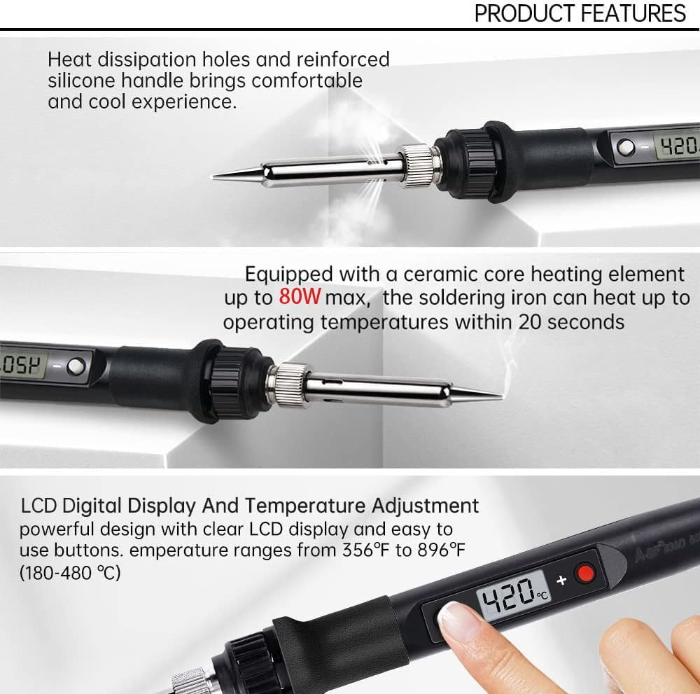 YVXUN Electronics Soldering Iron Kit, 80W Adjustable Temperature Welding Tool with LCD Display, 16 in 1 Kit, On/Off Switch, Solder Wire, 5Pcs Soldering Tips, Soldering Stand, Desoldering Pump image number 2