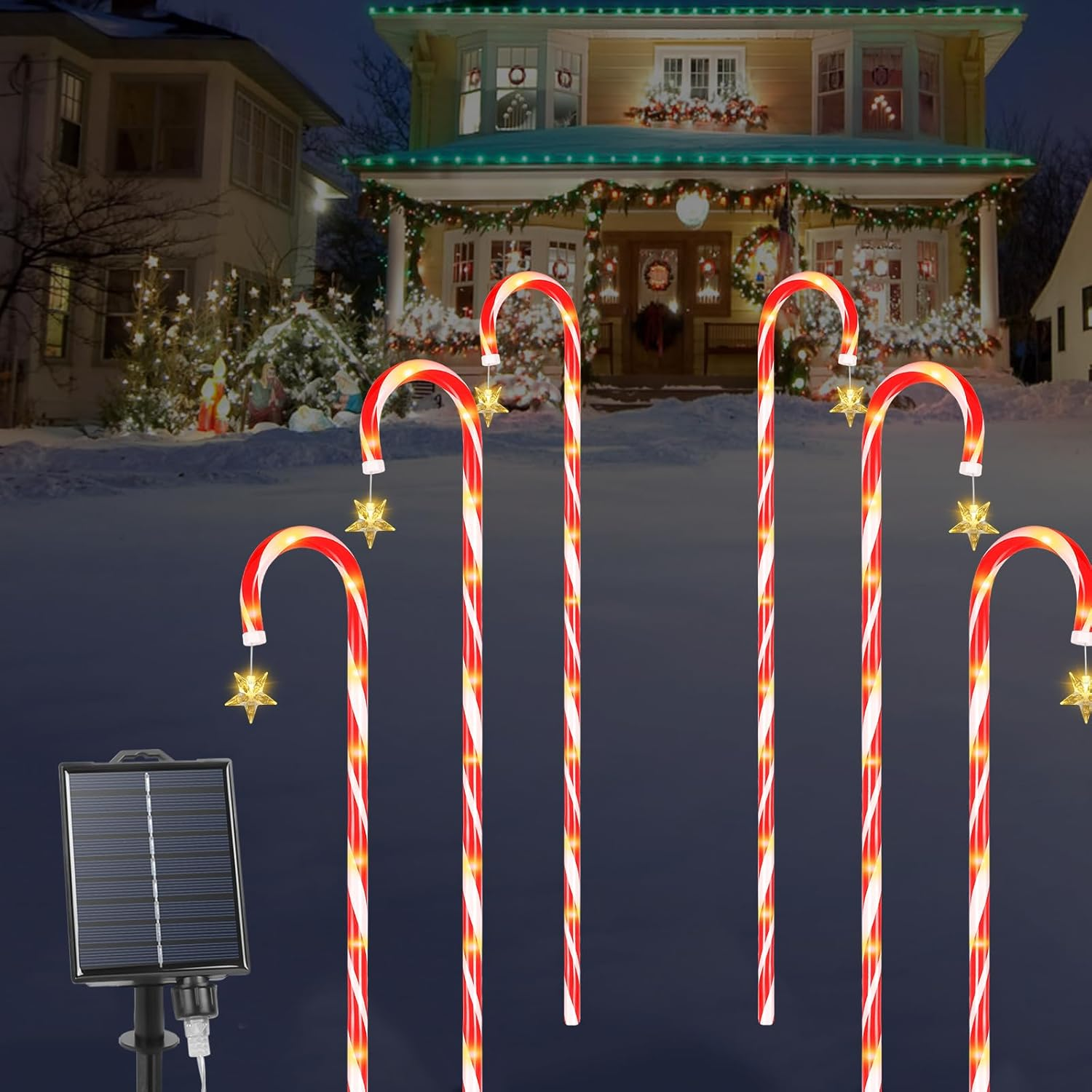 Ninonly 1.2M Solar Christmas Candy Cane Lights, 6 Pack Solar Christmas Lights Outdoor with 8 Modes, 78 Leds Waterproof Xmas Garden Light USB Charging for Yard Pathway Decorations image number 1