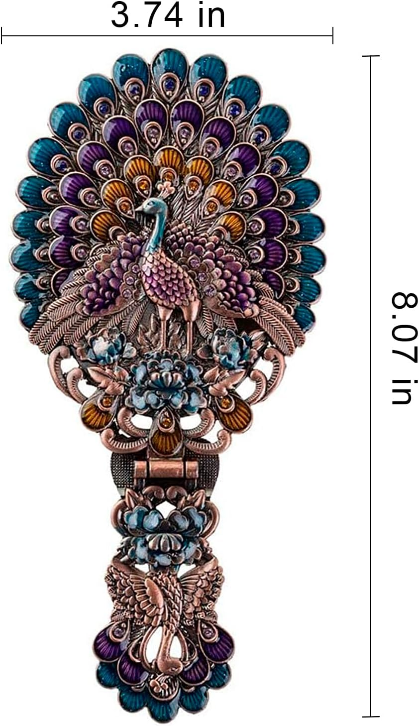 Nerien Women'S Antique-Style Foldable Metal Phoenix Cosmetic Mirror Peacock Vanity Mirror Portable Handle Mirror Copper - Copper-1 image number 2