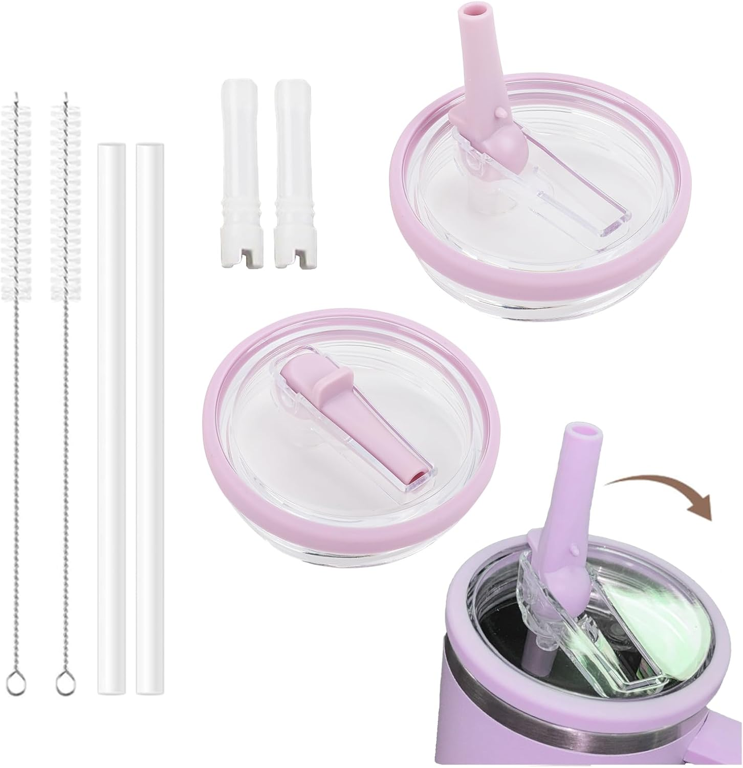Viiotu 8 Pcs 40 Oz Spill Proof Tumbler Flip Straw Lid Replacement Fit for Stanley Quencher, Reusable Accessories with Straw Cleaner Brush, Silicone Straw for Stanley Cup (Purple)