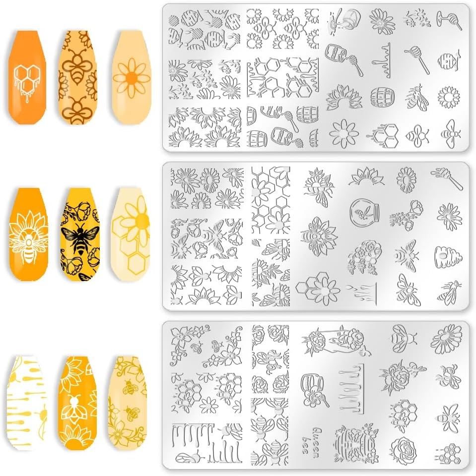 Beinkmake 3Pcs Bee Nail Stamping Plate Flowers Honeycomb Nail Art Stamp Templates Stainless Steel Reusable Tools with Stamper Scraper for Manicure Printing