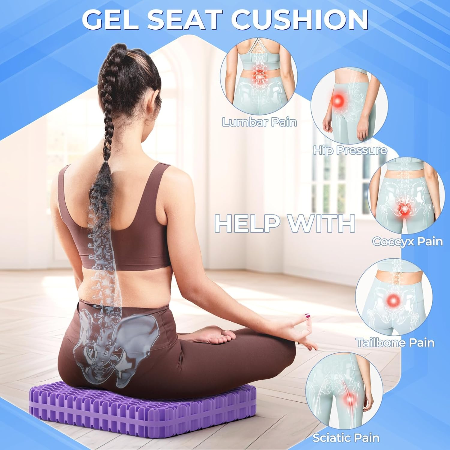 Gel Seat Cushion for Long Sitting, Enlarged and Thickened Design Chair Cushion, Breathable Cooling Seat Cushions for Office, Home Chairs, Soft Car Seat Cushion for Wheelchair (Purple-Xl)