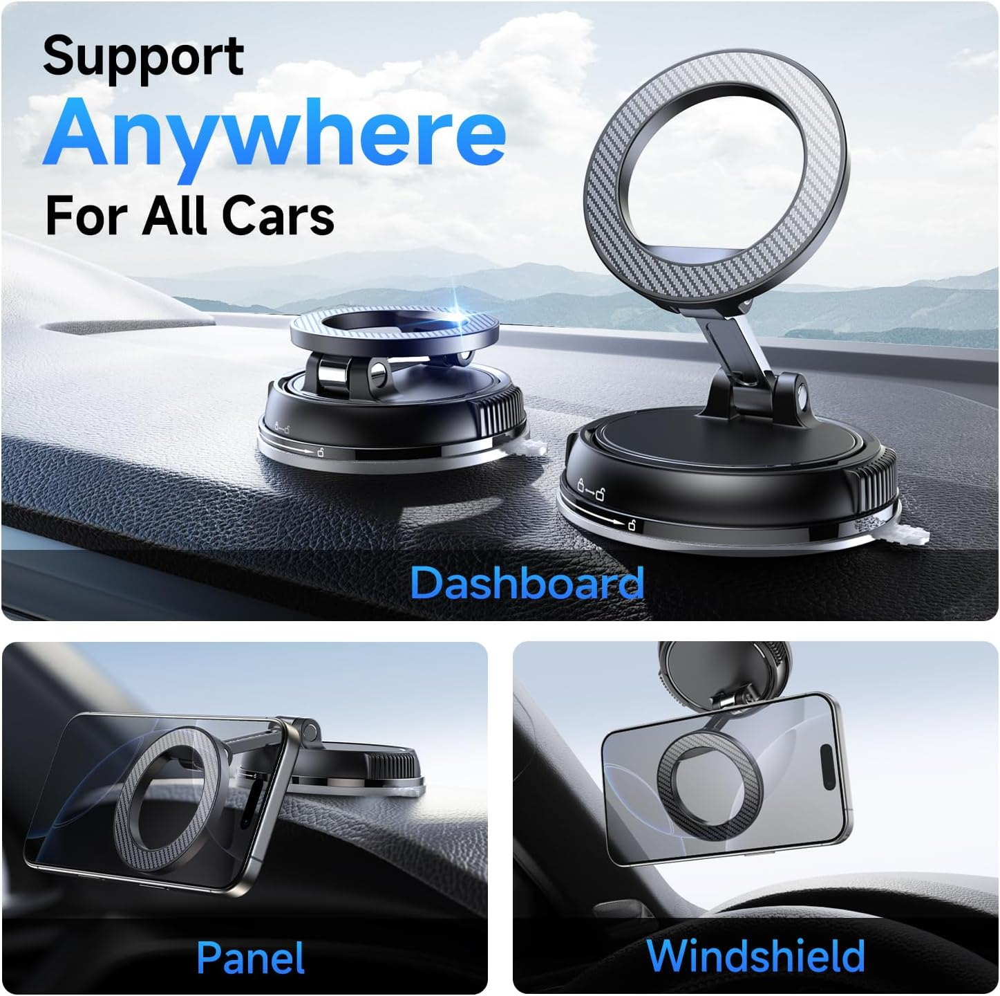 Car Phone Holder for Magsafe [78+LBS Strongest Suction & 2400Gf Magnetic] 360&deg; Adjustable Car Phone Mount, Cell Phone Holders for Car with round Adhesive for Iphone 17 16 15 14 13 12 Pro Max Air Plus image number 1
