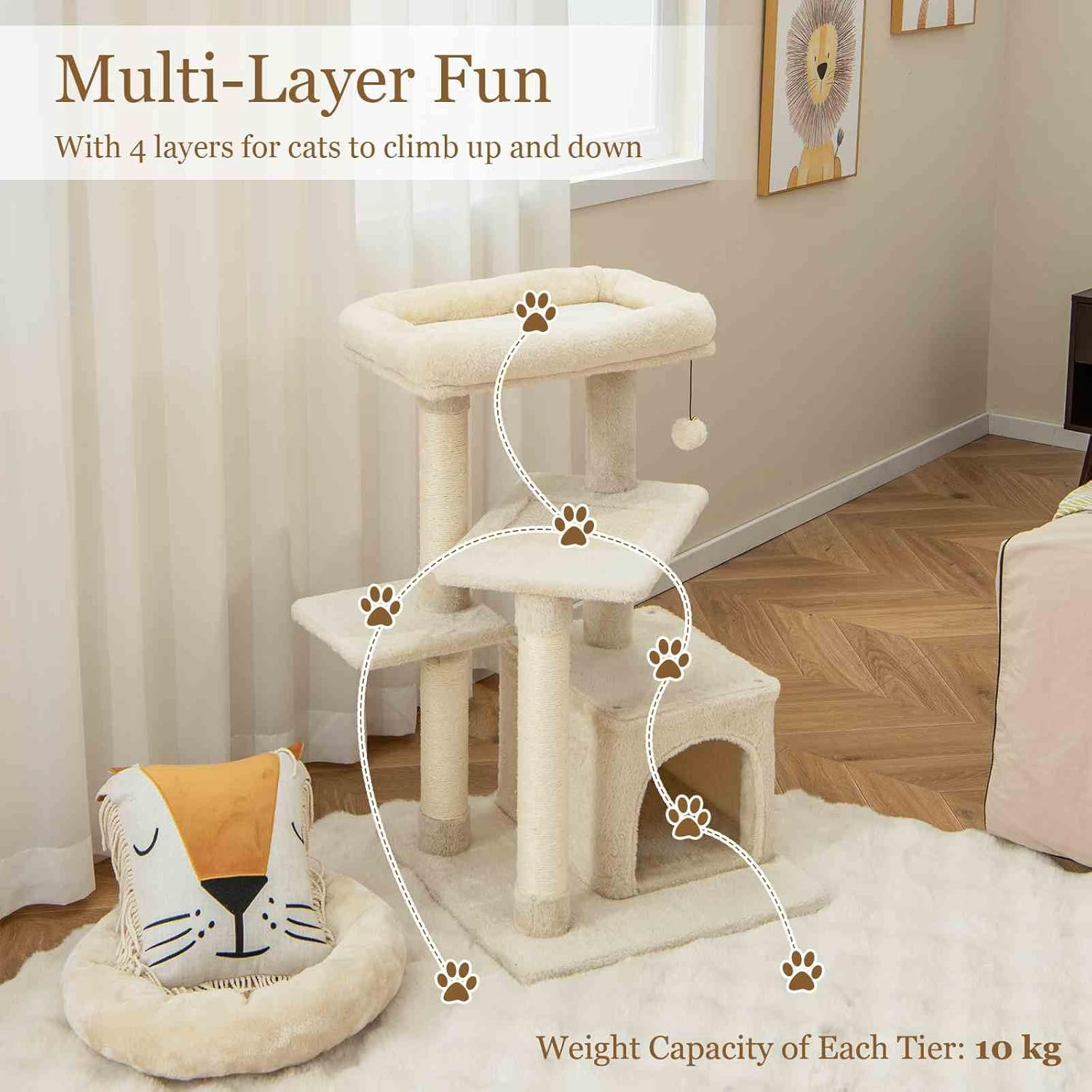 Costway Indoor Plush Cat Tree, Multilevel Cat Tower Condo with Flock, Hanging Toy, Scratching Sisal Posts, Cozy Perch, 4-Tier Cat Climbing Activity Center with Private Condo for Home and Office image number 4