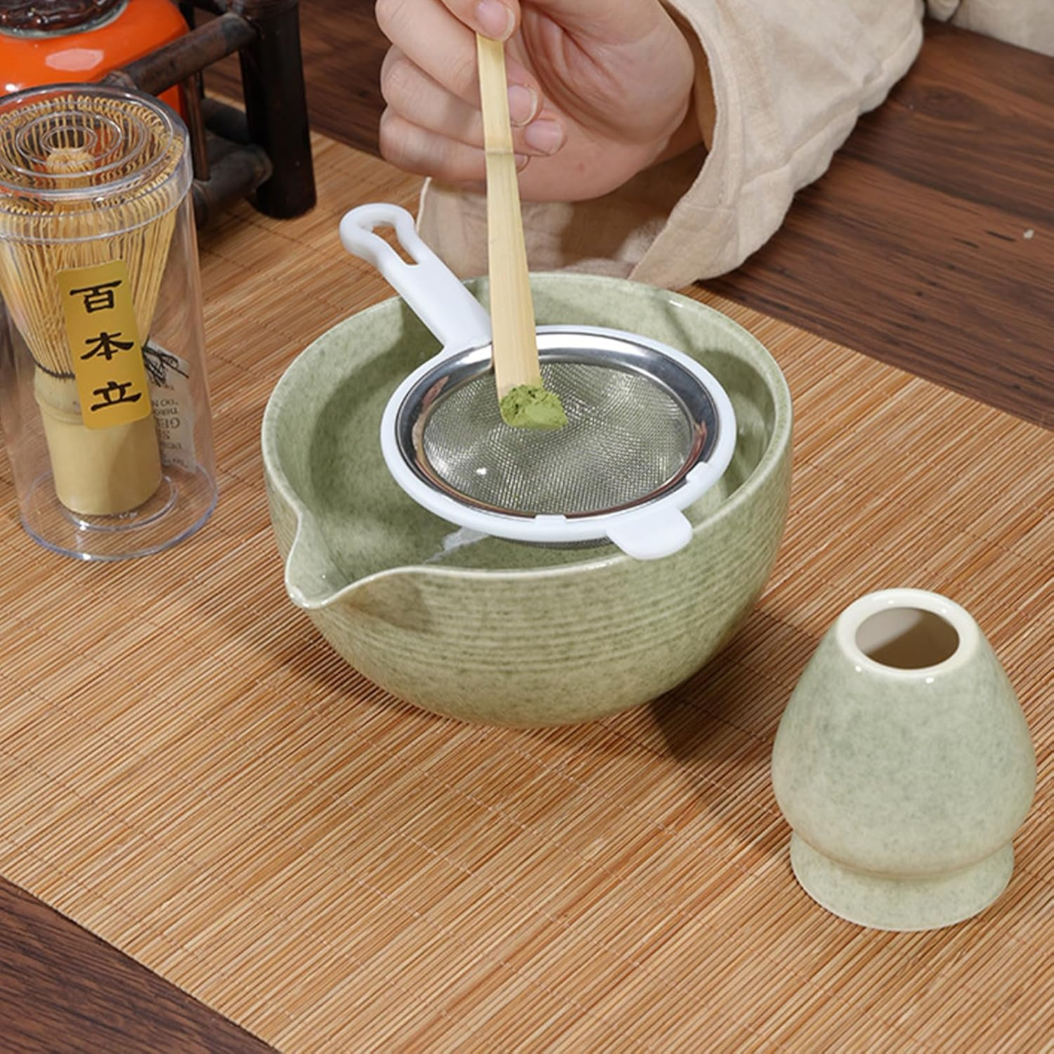 4Pcs Matcha Whisk Set -Great Matcha Bowl and Bamboo Matcha Whisk, Scoop, Spoon, Sifter, Whisk Holder, Perfect Matcha Set for Matcha Tea Ceremony (Green Spot)