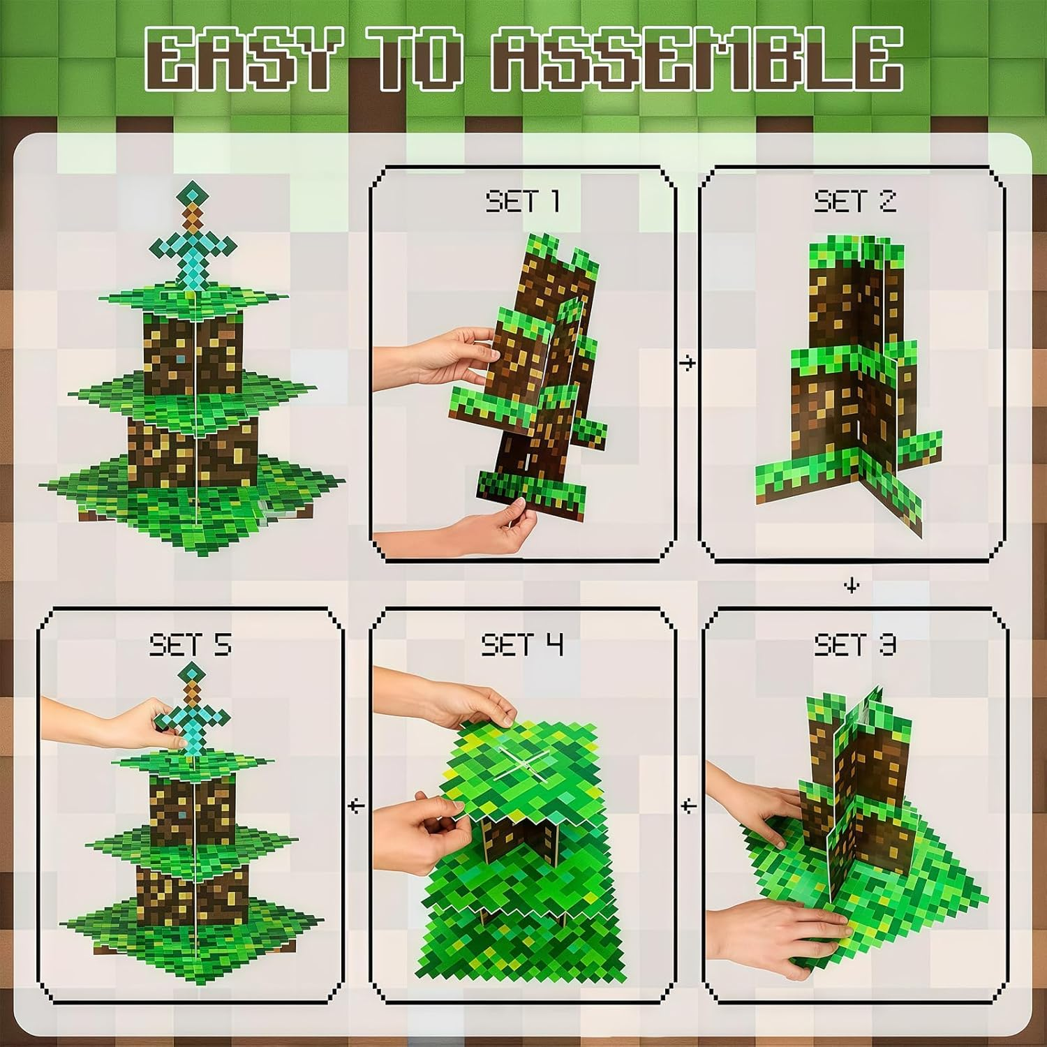 AEEGO Pixel Game Style Cupcake Stand, Three-Tier Cupcake Stand, Premium Cupcake Tray, Creative Tiered Tray, Cupcake Tower Display Plate, Birthday Party Supplies Decoration image number 6