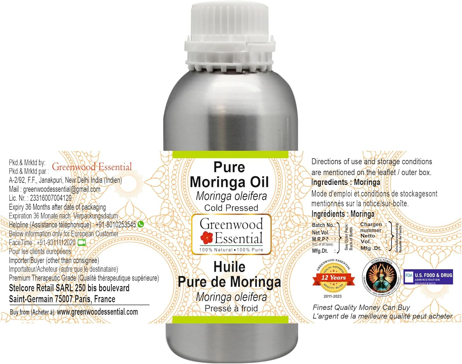 Greenwood Essential Pure Moringa Oil (Moringa Oleifera) Cold Pressed 300Ml (10 Oz)