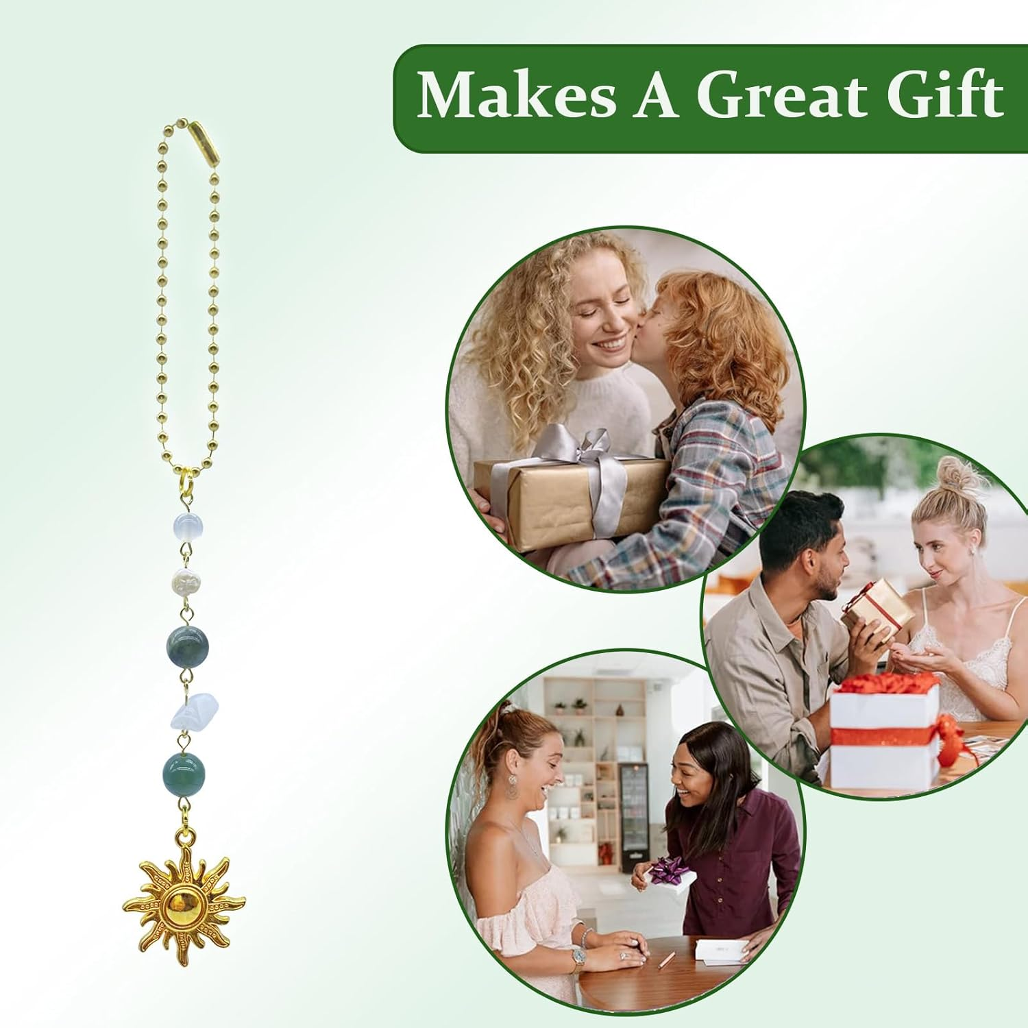 Sun Hanging Car Charm,Green and Gold Rear View Mirror Accessories Cute Boho Dangling Sun Car Decor Handmade Healing Crystals Stones Ornament Gifts for Women Men (Green)