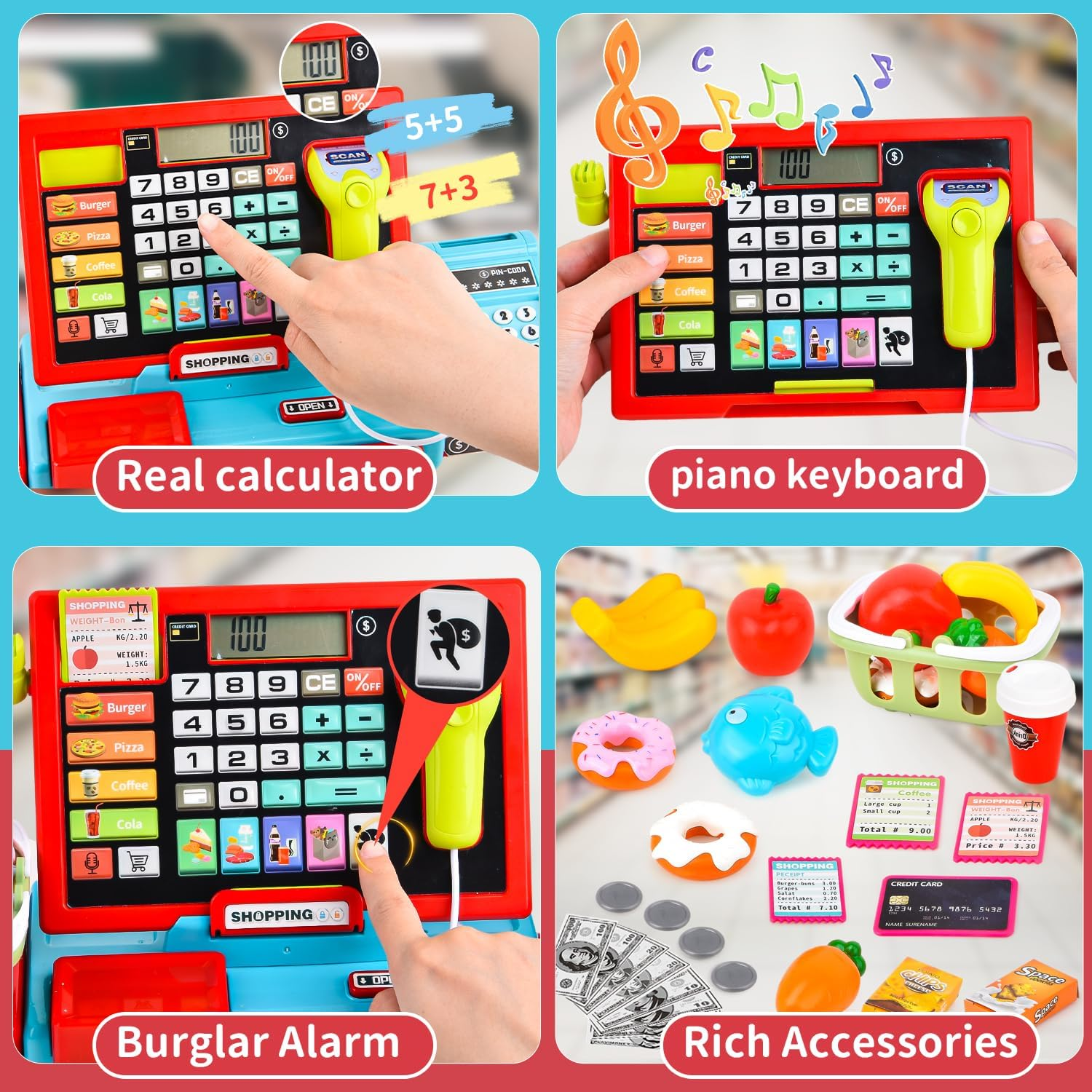 Cash Register Toys for Kids Pretend Play Store Supermarket Cash Register with Real Calculator,Scanner,Food,Microphone, Educational Learning Toy Playset Gift for Toddler Boy Girl (Blue) image number 2
