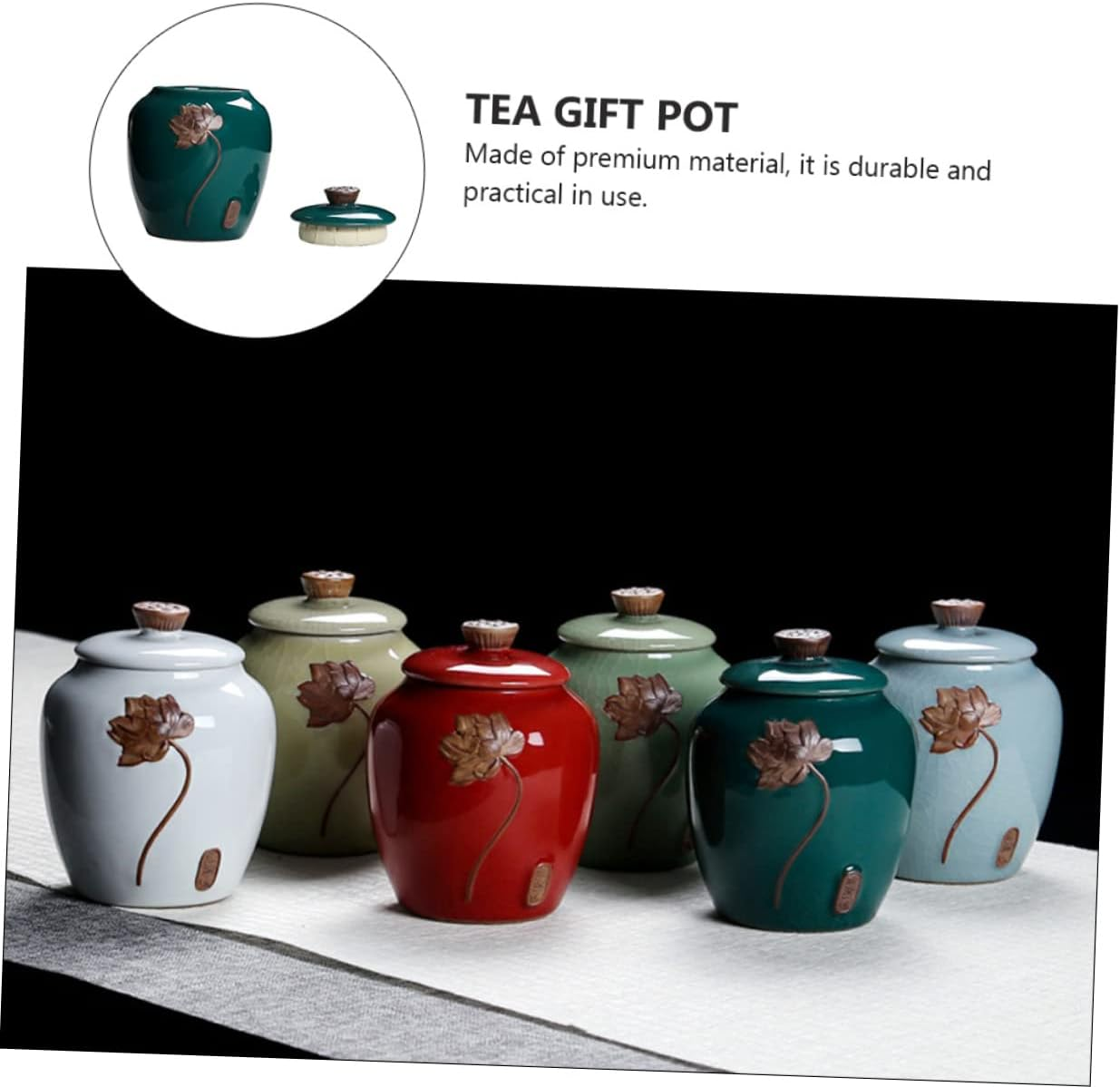 CAXUSD Ceramic Tea Can Tea Canister Relief Lotus Design for Home Office Food Storage Can Container for Loose Leaf Random Color image number 5