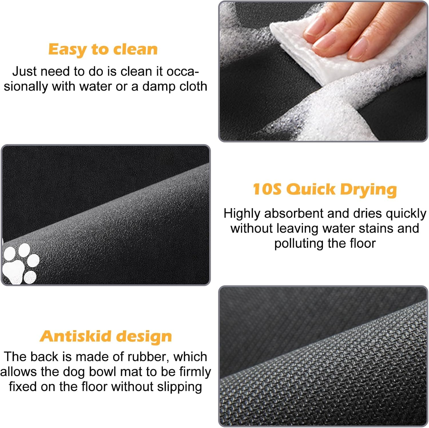 Bowl Mat Dog and Cat, Pack of 2 60 X 40 Cm Non-Slip Bowl Mat, Super Absorbent Dog Bowl Mat, Cat Feeding Mat with Paw Pattern, Waterproof Feeding Mat for Pets (Black) image number 2