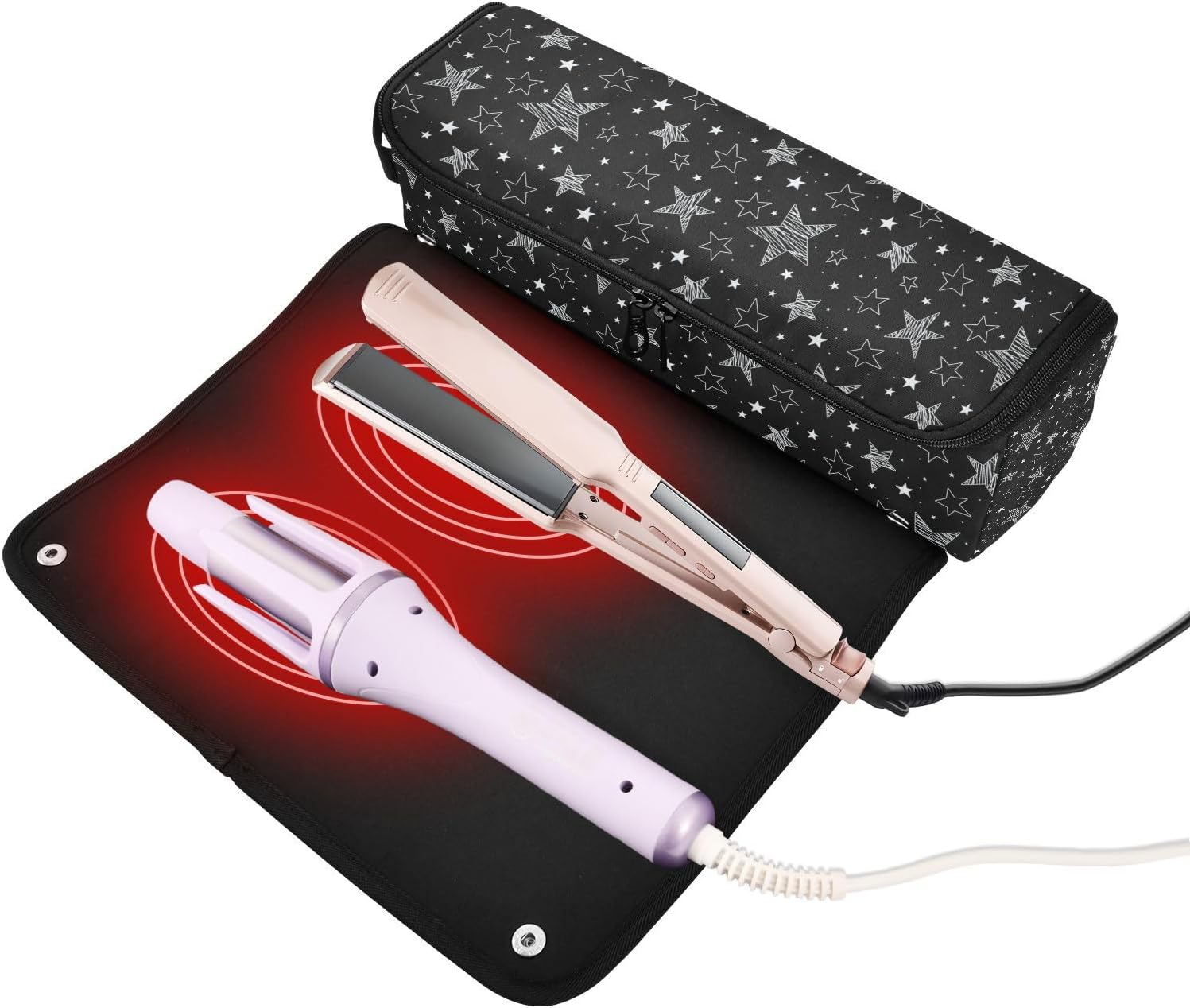 Hair Tools Travel Bag with Heat Resistant Mat Detachable 2-In-1 Curling Iron Travel Case Hot Tools Organizer for Straightener Flat Iron Black Stars - Black Stars image number 5