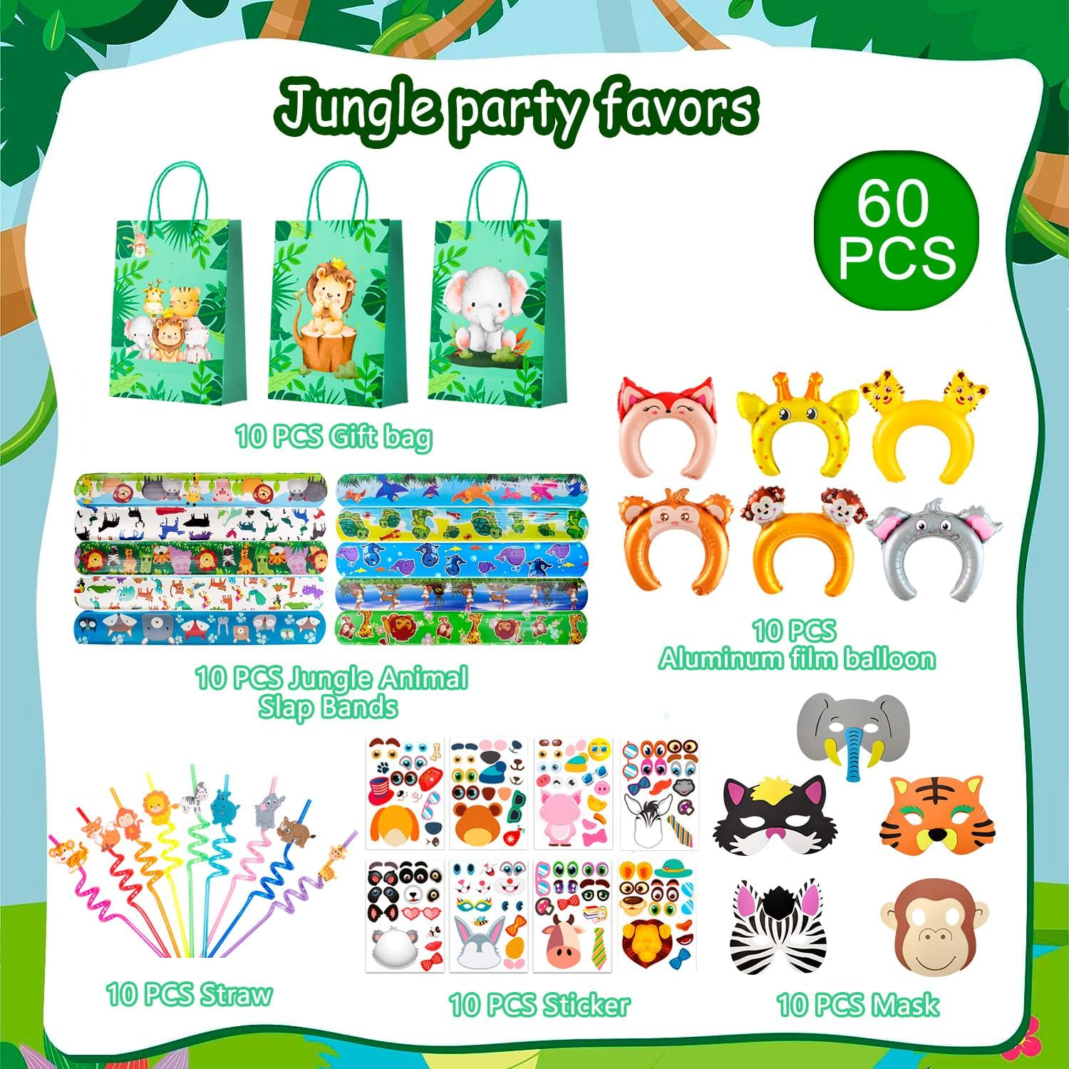 Jungle Safari Party Favors, 60Pcs Jungle Safari Birthday Party Favors Set Includes Safari Party Slap Bracelets Stickers Straws Balloon, Animal Mask, Safari Goodie Bags Etc Jungle Party Favors for Kids image number 4