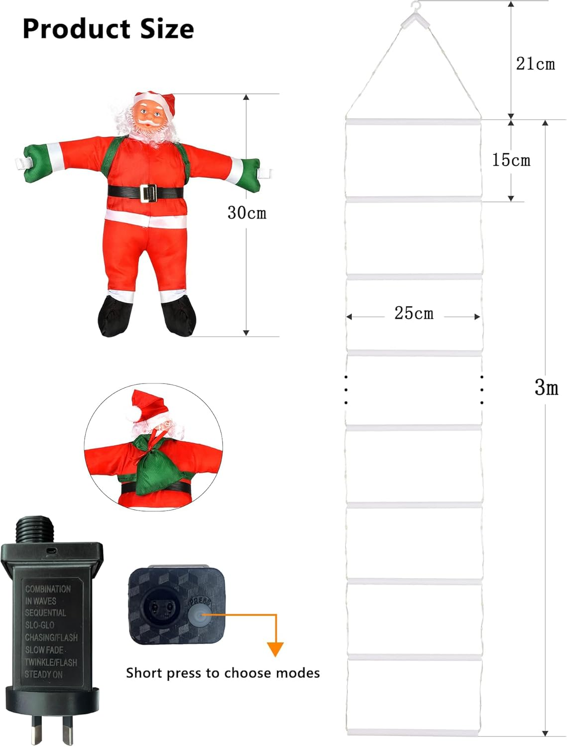 Warm White Christmas Decorations LED Ladder Light with Climbing Santa Claus, 3M Outdoor Christmas Decorative Lights - 8 Modes Xmas Lights Tree for Home Holiday Wall Window Xmas Decor image number 1