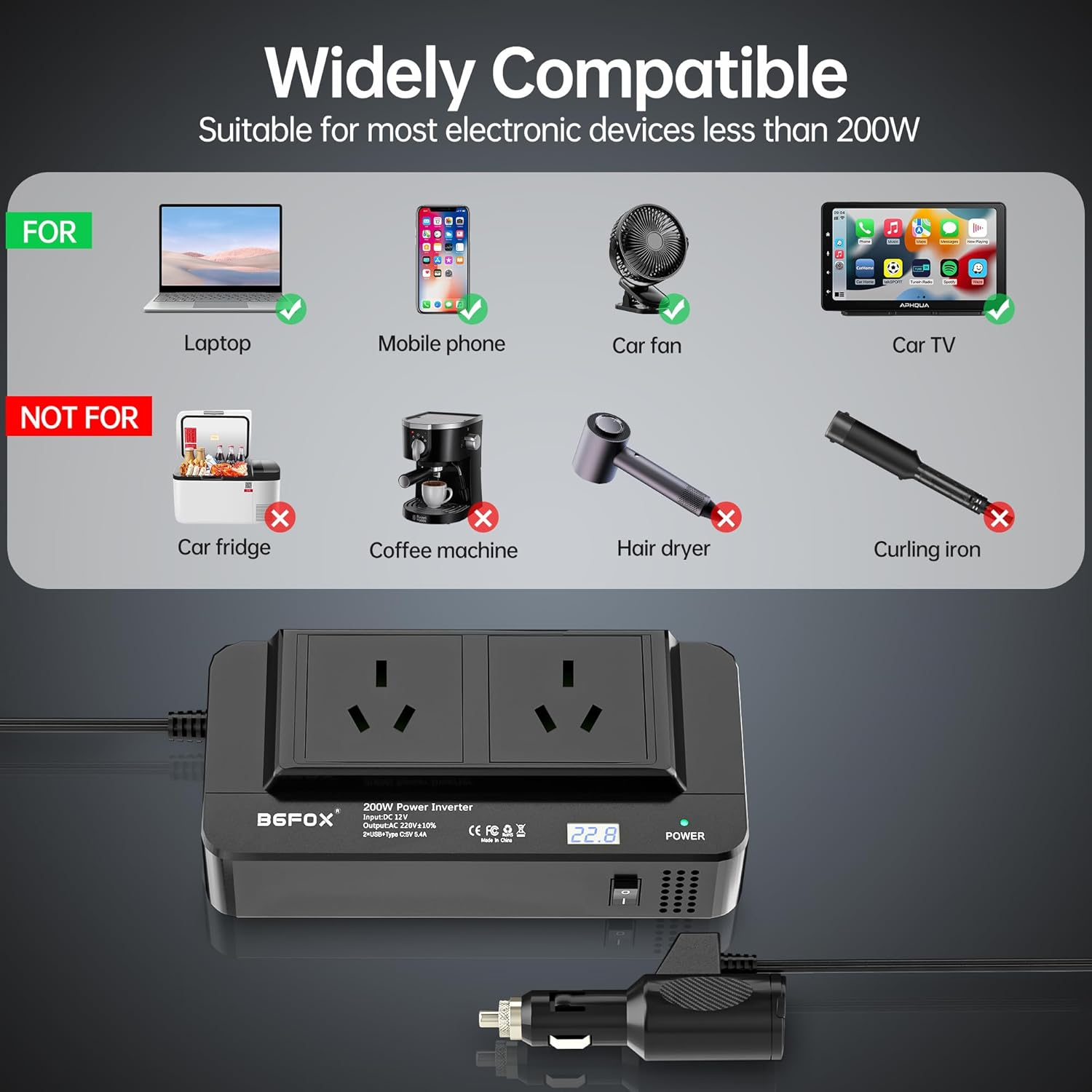 BGFOX 200W Car Power Inverter, 6-In-1 DC 12V to 240V / 230V AC Voltage Converter with 2 AC Outlets / 18W USB-C and 4.8A Dual USB Ports / 12V Car Cigarette Lighter Socket - Black image number 4