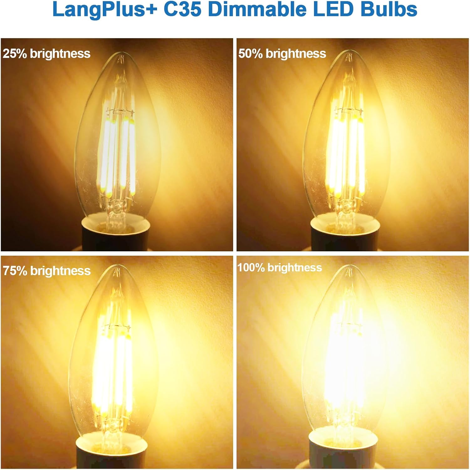 Langplus+ E14 LED Light Bulb, Dimmable Candle Bulbs, 6W, 60W Equivalent Small Edison Screw SES E14 Bulb, Warm White 2700K, C35 LED Filament Bulb for Chandeliers, Ceiling Fan, 10 Pack image number 1