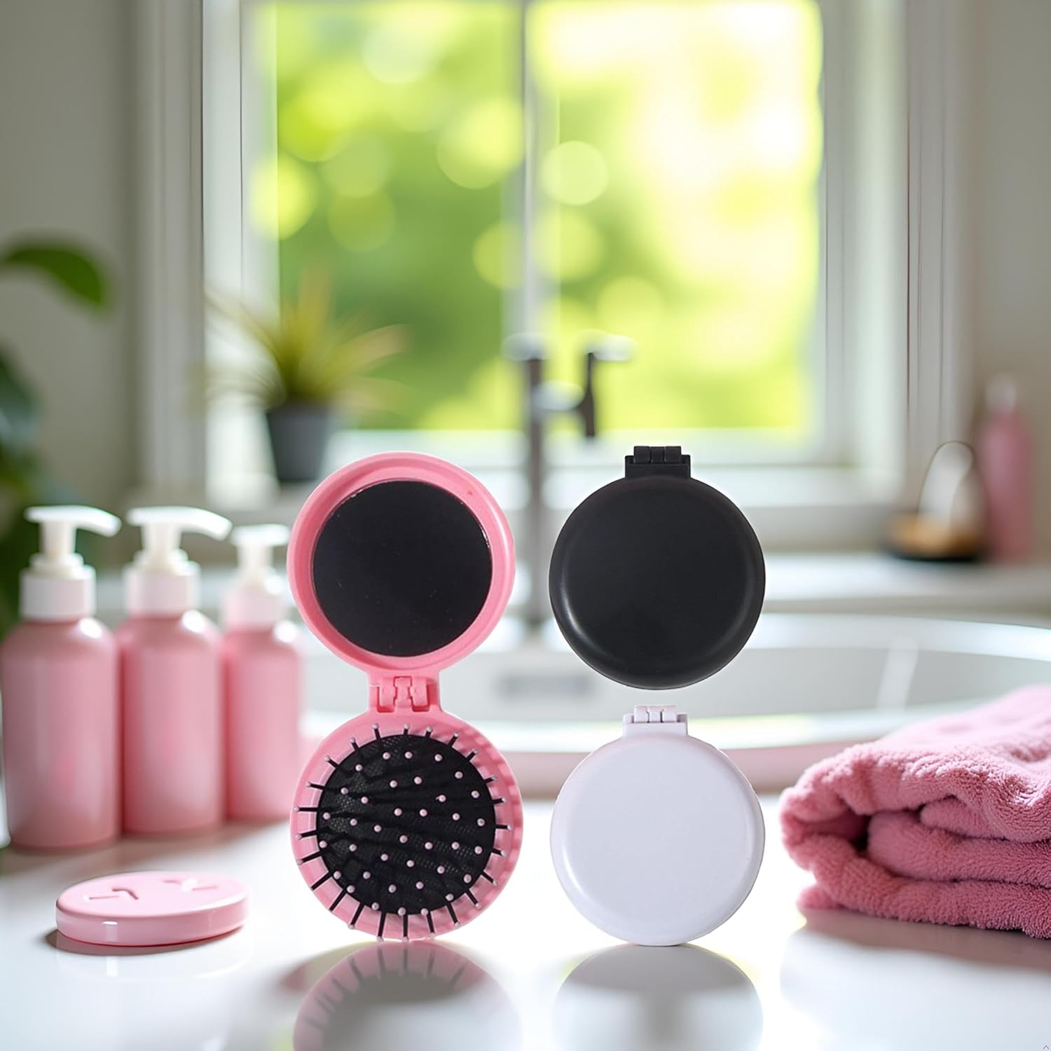 2Pcs Black and Pink Folding Travel Hair Brush with Mirror, round Portable Folding Pocket Hair Brush Mini Hair Massage Compact Mirror with Comb Travel Size for Men Women Styling Tools and Appliances image number 2