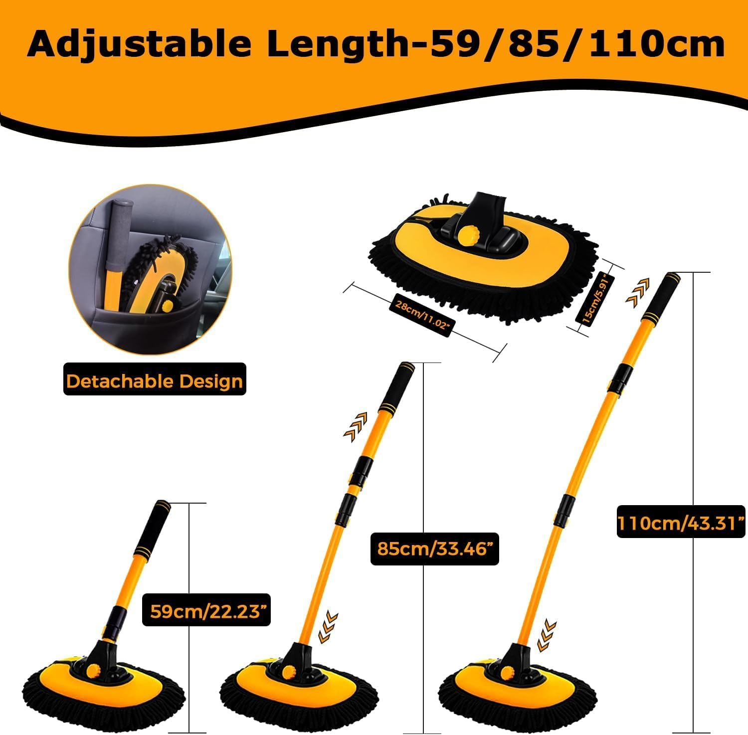 15&deg; Curved Car Cleaning Brush Car Wash Brush with Telescopic 43" Aluminum Alloy Handle for Soft Chenille Head Wash Mop for Scratch Free Cleaning of Caravans, Vans, Trucks, Boats, RV Roofs image number 3