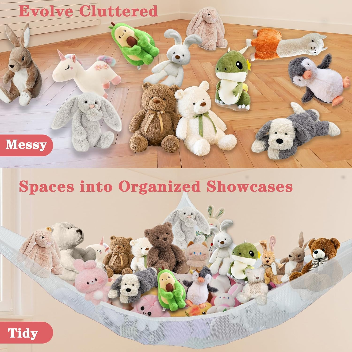 Stuffed Animal Storage Toy Hammock Soft Plush Toy Storage Large Corner Hanging Net Organiser Holder for Kids Bedroom Nursery Decor (White)