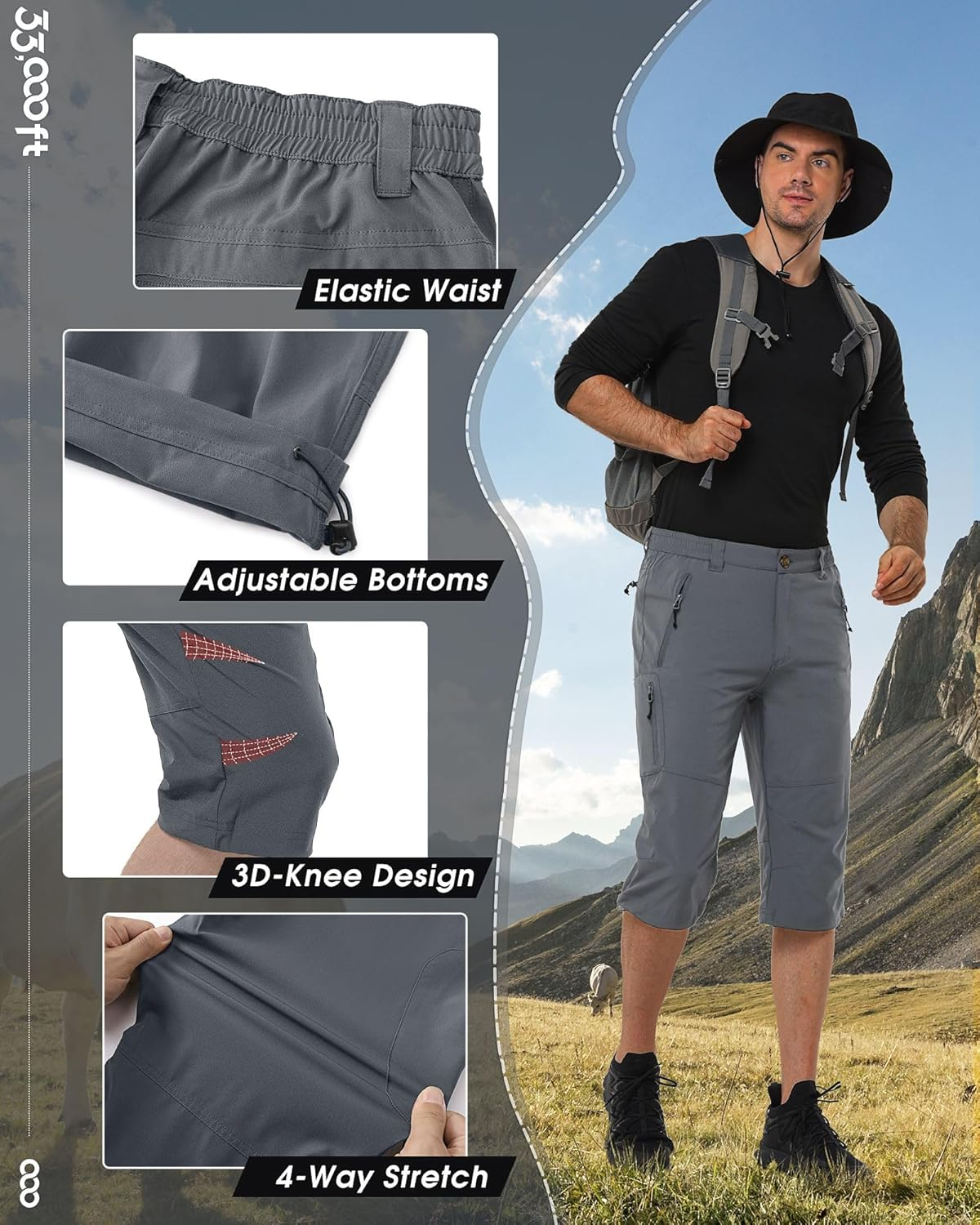 33,000Ft Men'S 3/4 Hiking Shorts Quick Dry Stretch Cargo Shorts UPF 50+ Summer Casual Capri Shorts Outdoor Hiking Pants with Zip Pockets for Travelling image number 3