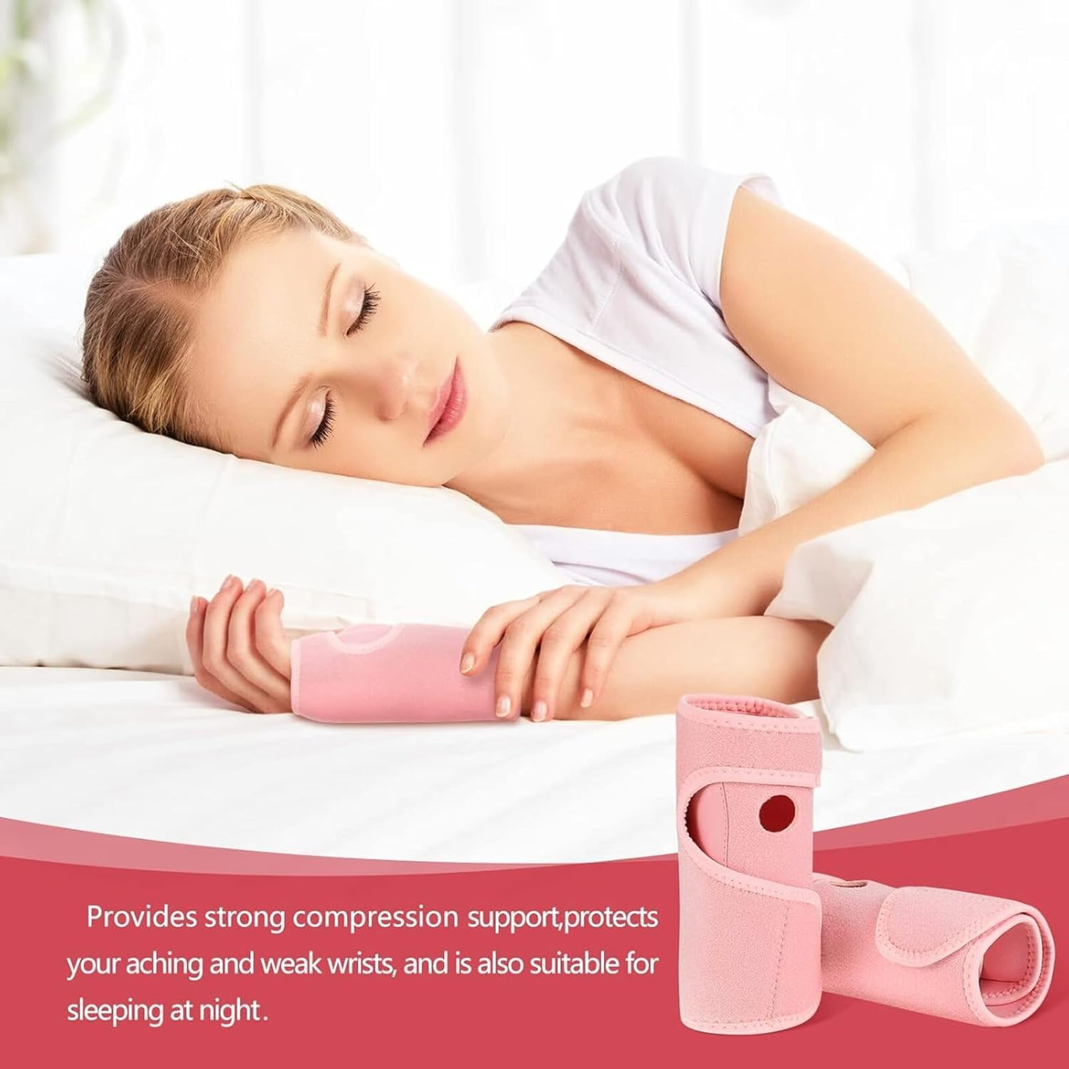Carpal Tunnel Wrist Brace Pair with Adjustable Compression Strap, Hand Palm Wrist Support, Relieves Tendonitis, Wrist Pain Hand Pain, Sports Injuries, Day & Night Support (Pink, Left Hand and Right Hand) image number 2